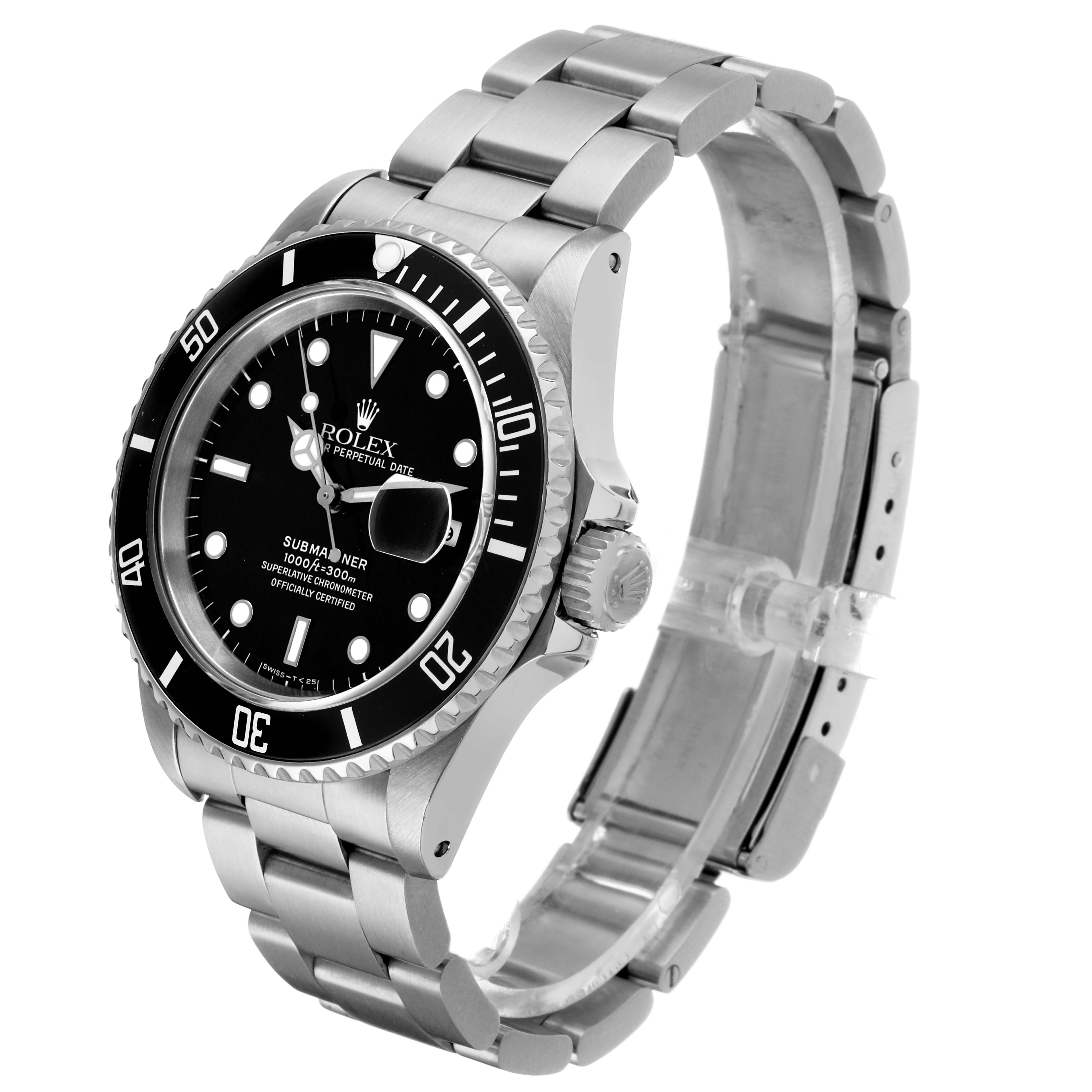 The Rolex Submariner 16610 Men's Stainless Steel Black Dial watch is shown at a slight angle, highlighting the face, bezel, crown, and bracelet.