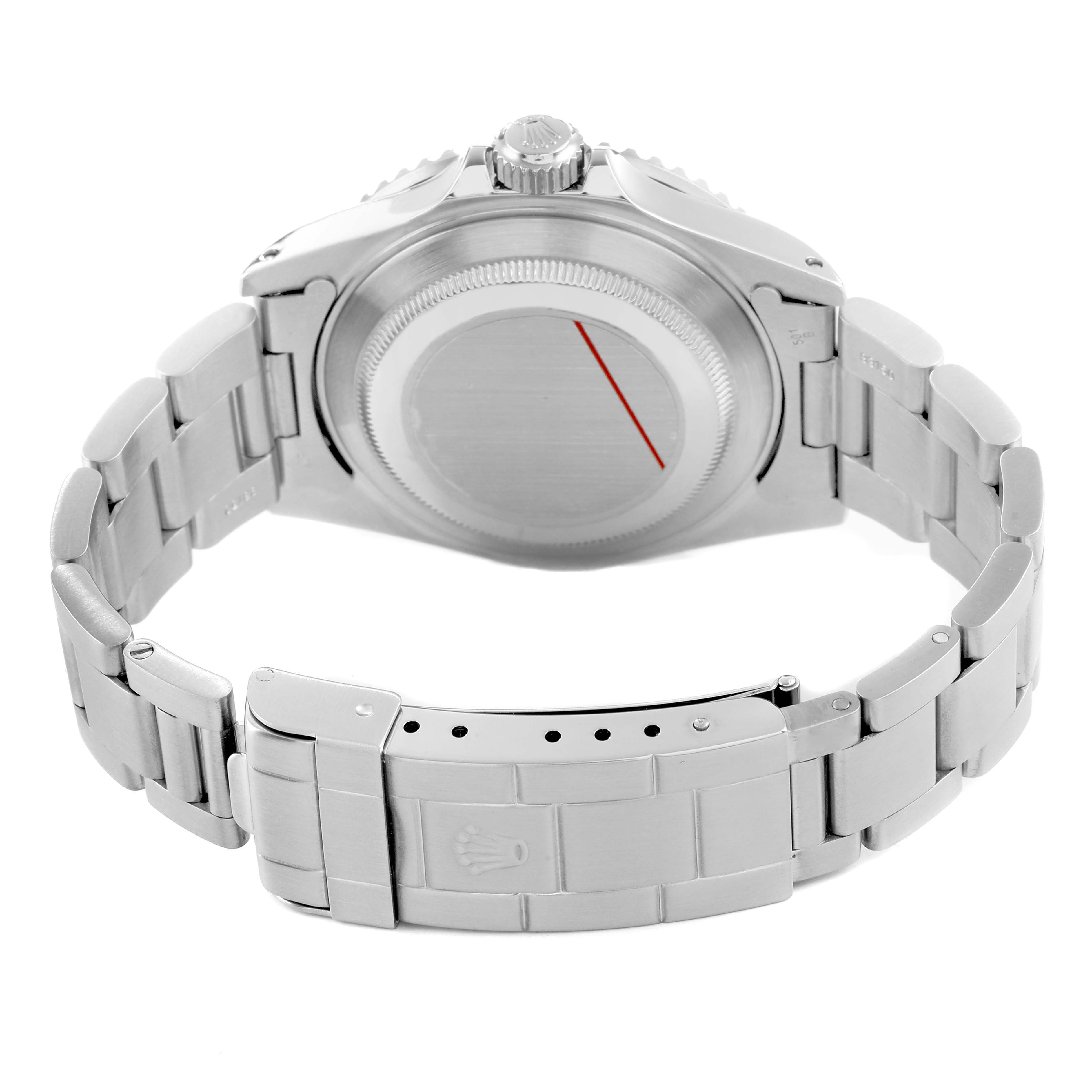 The image shows the back of a Rolex Submariner 16610 Men's Stainless Steel Black Dial, highlighting the case back, bracelet, and clasp.