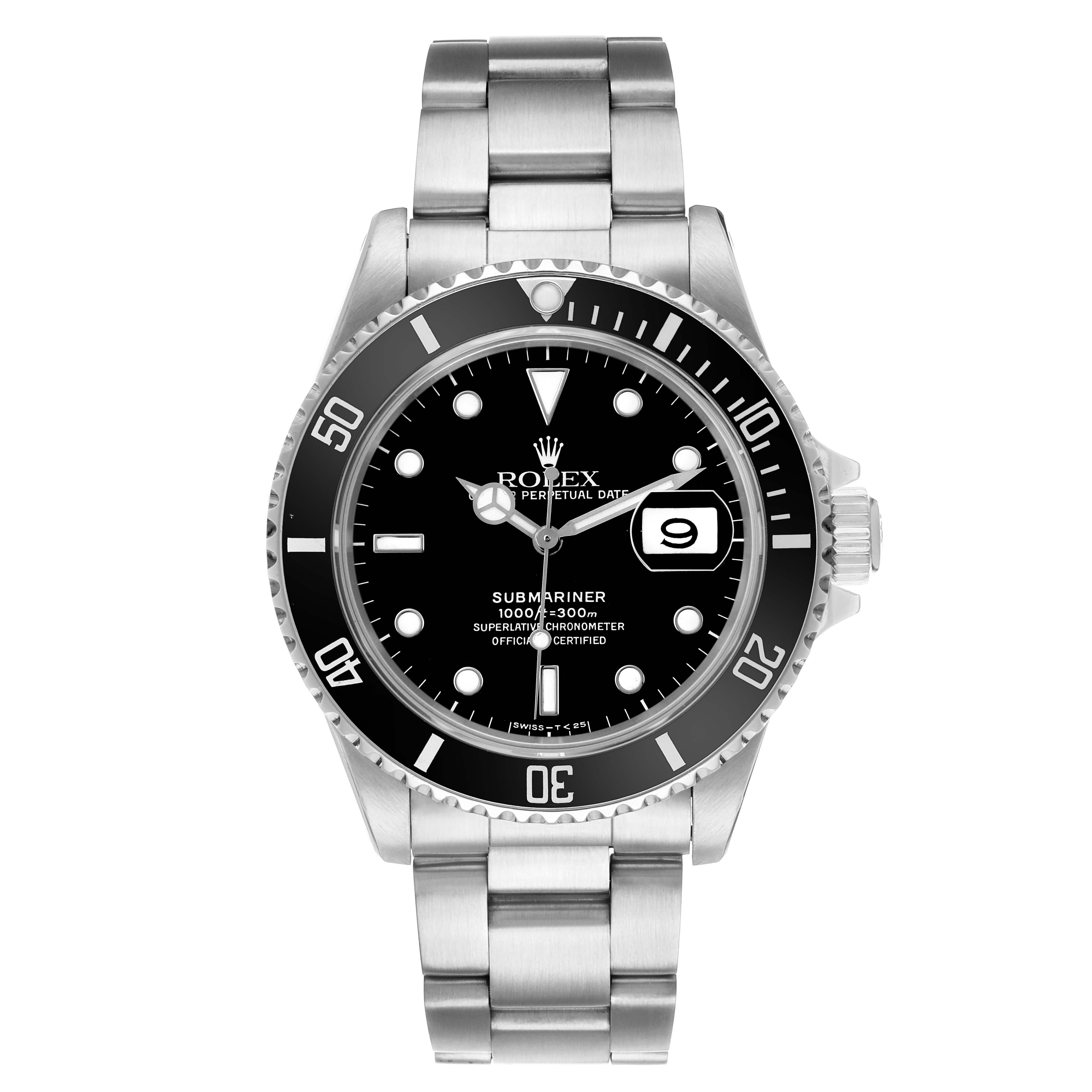 This Rolex Submariner 16610 Men's Stainless Steel Black Dial watch is shown from the front, displaying the dial, bezel, bracelet, and crown.