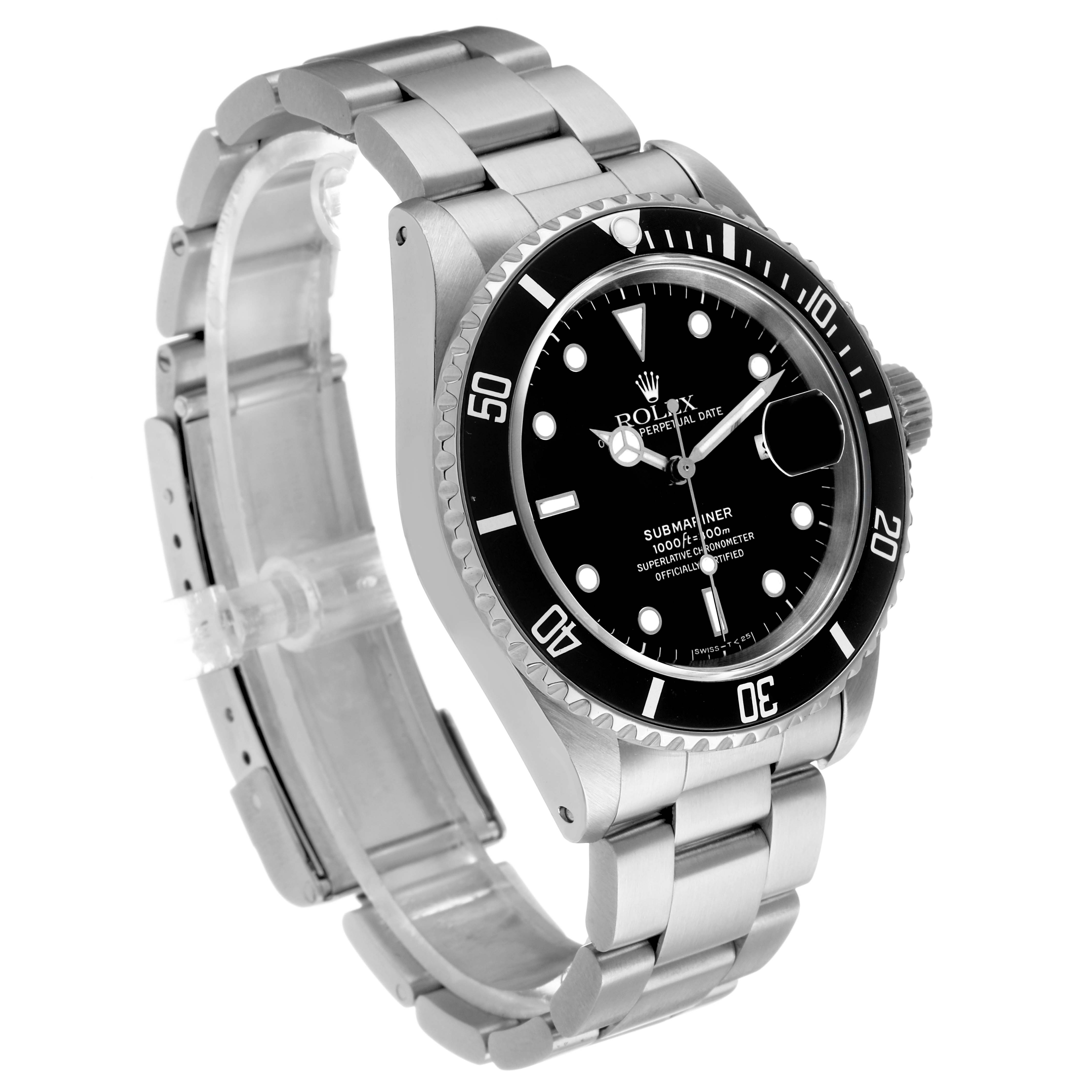The image shows a Rolex Submariner 16610 Men's Stainless Steel Black Dial watch at a three-quarter angle, highlighting its face, bezel, and bracelet.