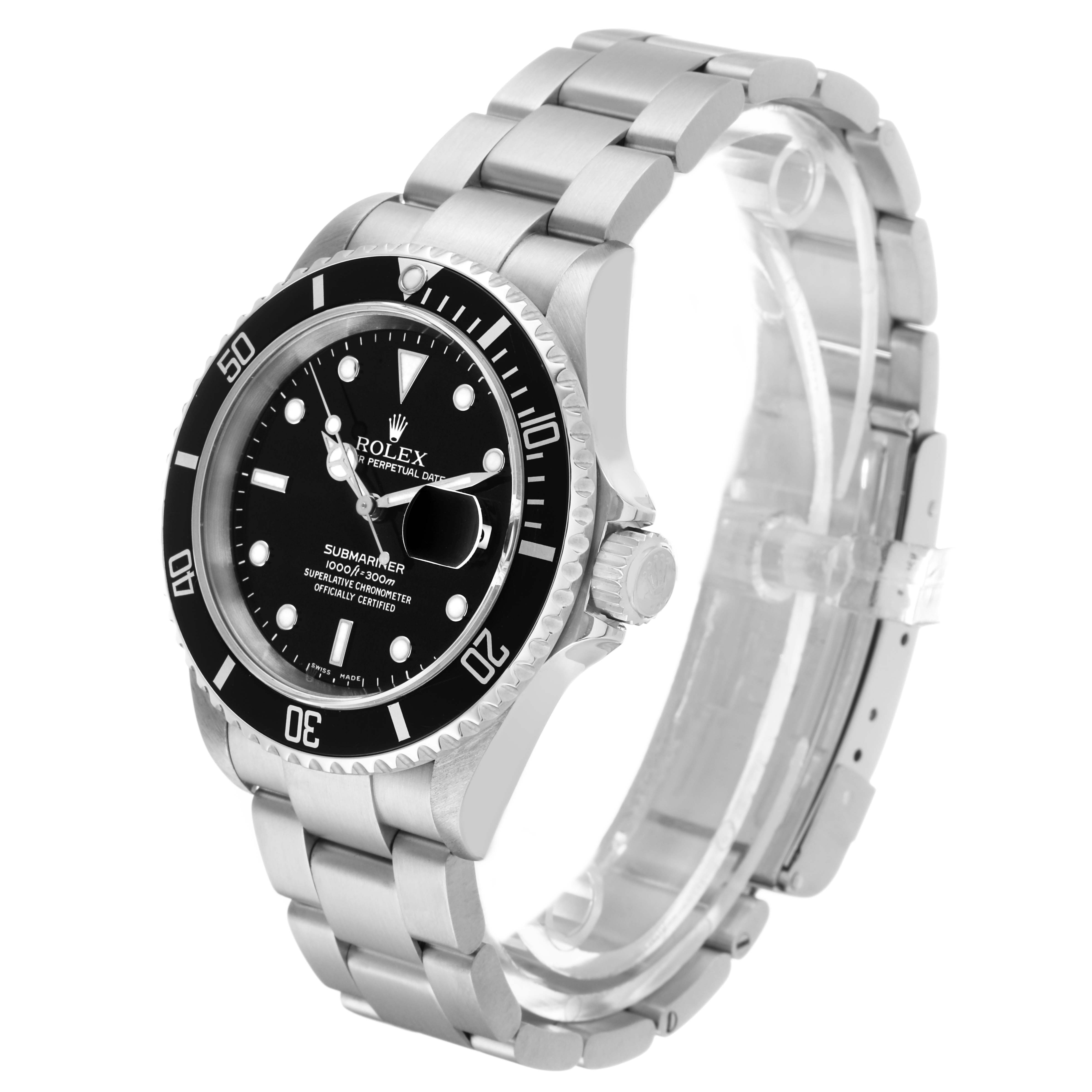 The Rolex Submariner 16610 Men's Stainless Steel Black Dial watch is shown at a three-quarter angle, displaying its bezel, dial, and metal bracelet.