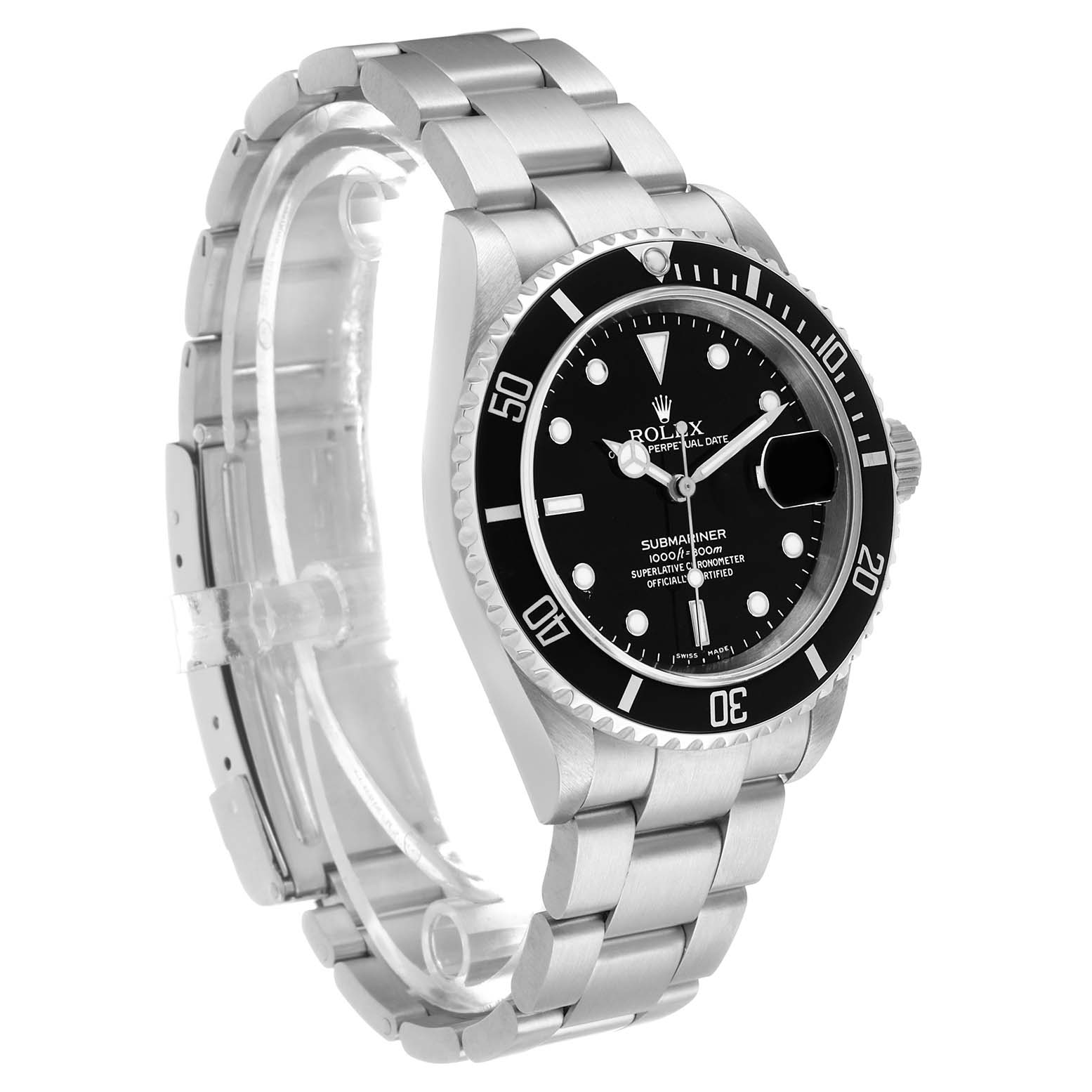 The Rolex Submariner 16610 Men's Stainless Steel Black Dial watch is shown at a front-left angle, highlighting the dial, bezel, and part of the bracelet.