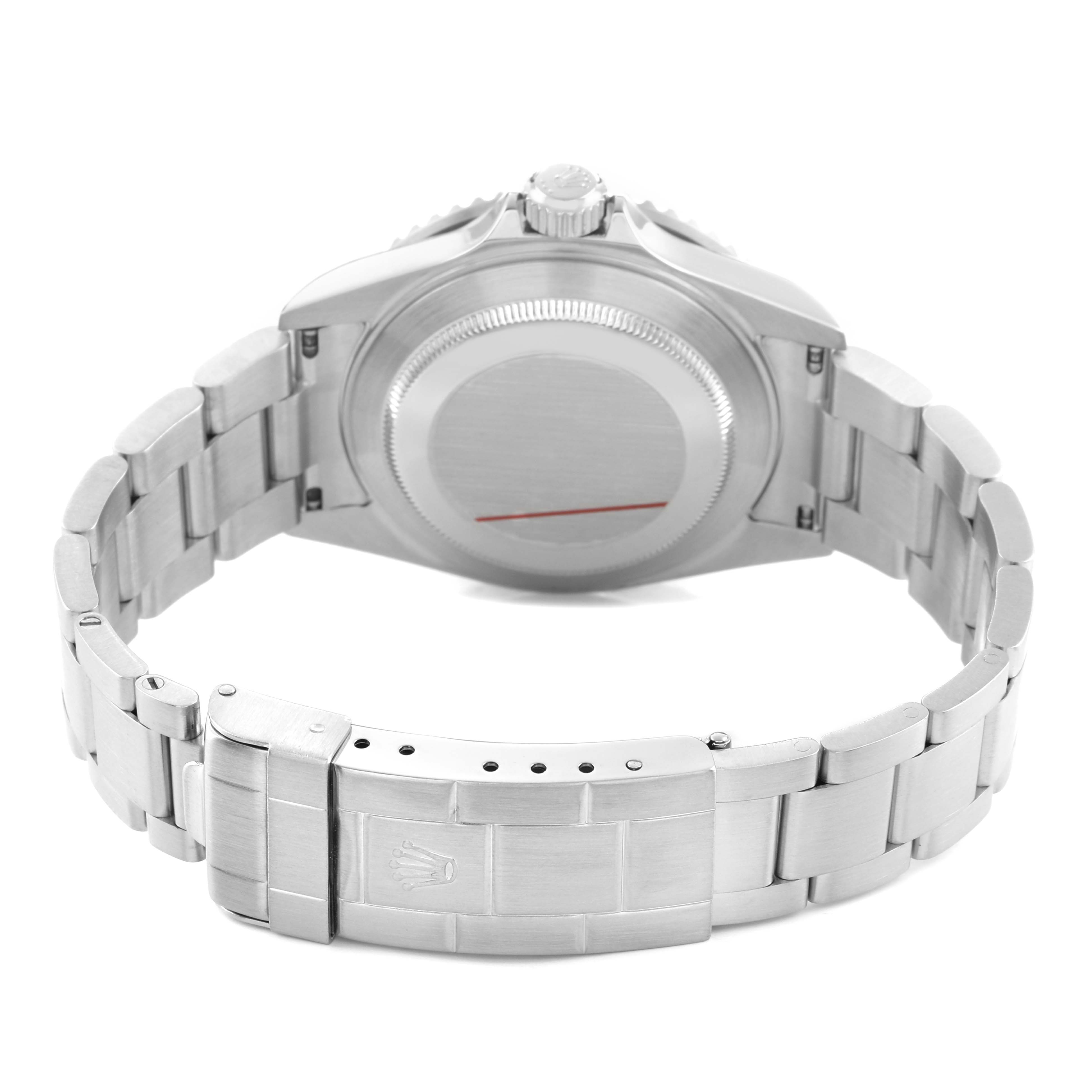 The image shows the back view of a Rolex Submariner 16610 Men's Stainless Steel Black Dial, highlighting the case back, crown, and bracelet.