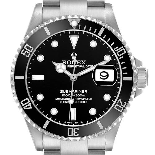 The Rolex Submariner 16610 Men's Stainless Steel Black Dial watch is shown from a front angle, displaying its dial, bezel, and part of the bracelet.