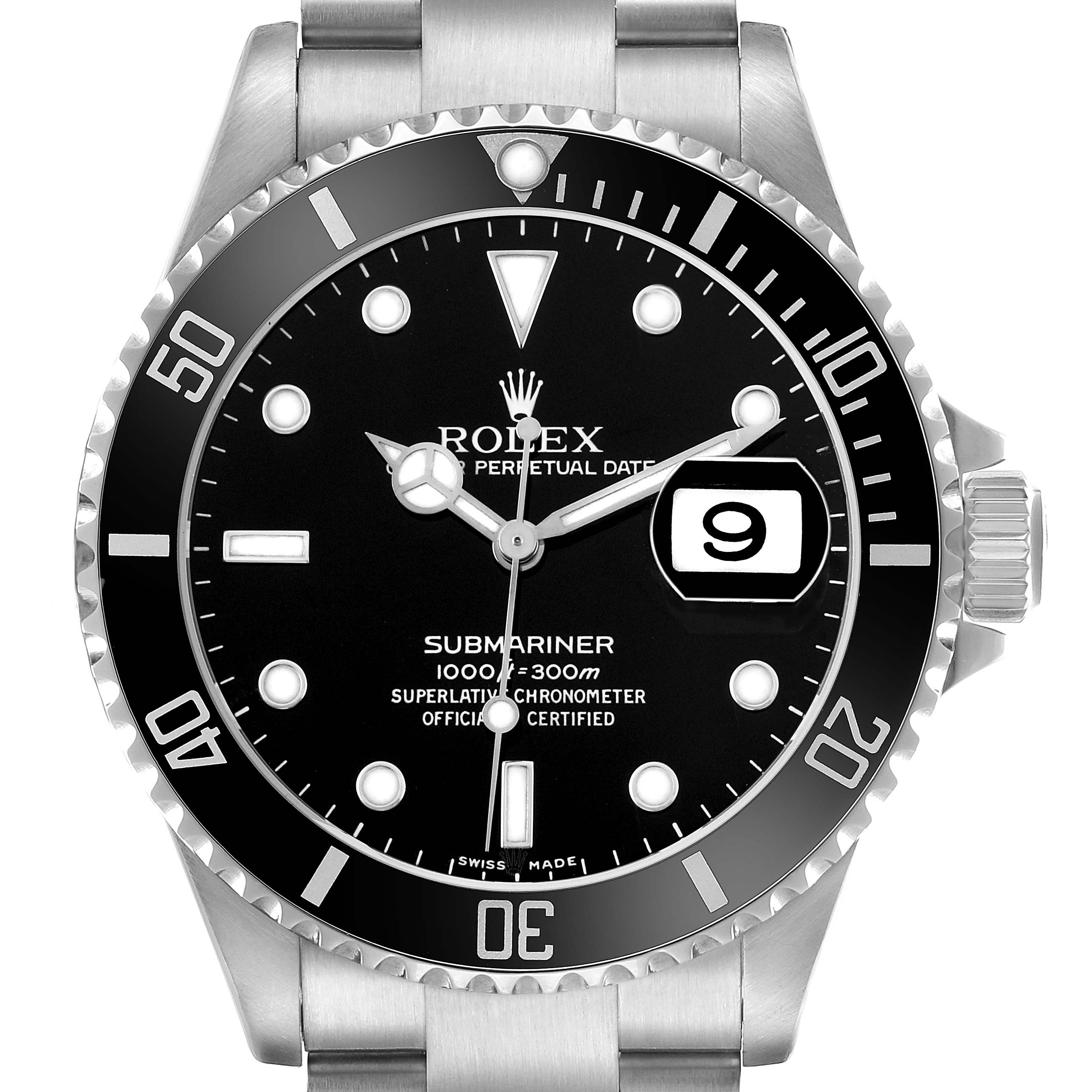 The Rolex Submariner 16610 Men's Stainless Steel Black Dial watch is shown from a frontal angle, displaying the dial, bezel, crown, and part of the bracelet.