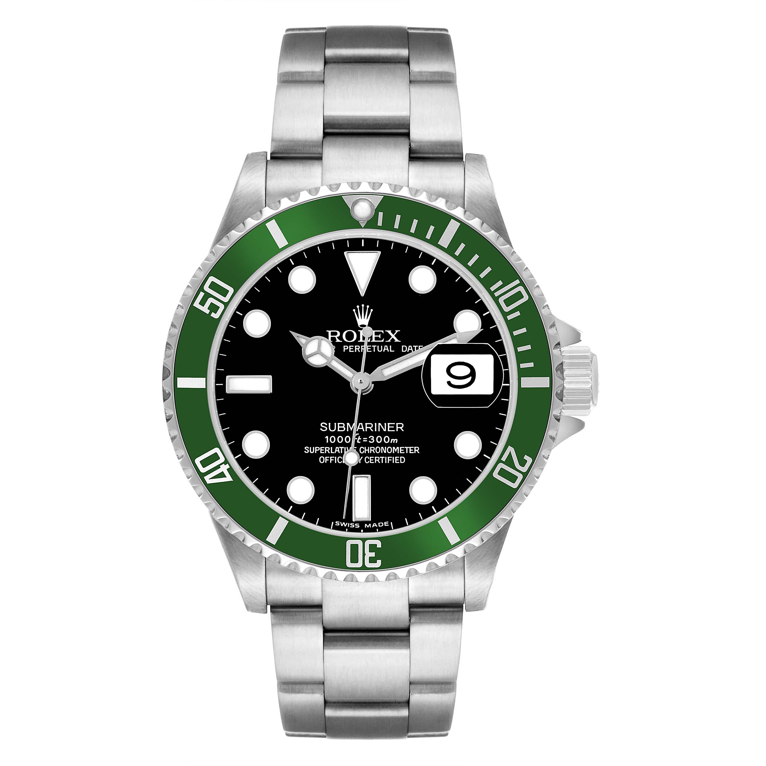The Rolex Submariner 16610 Men's Stainless Steel Black Dial watch is shown from a top-down angle, highlighting its green bezel, black dial, and silver bracelet.