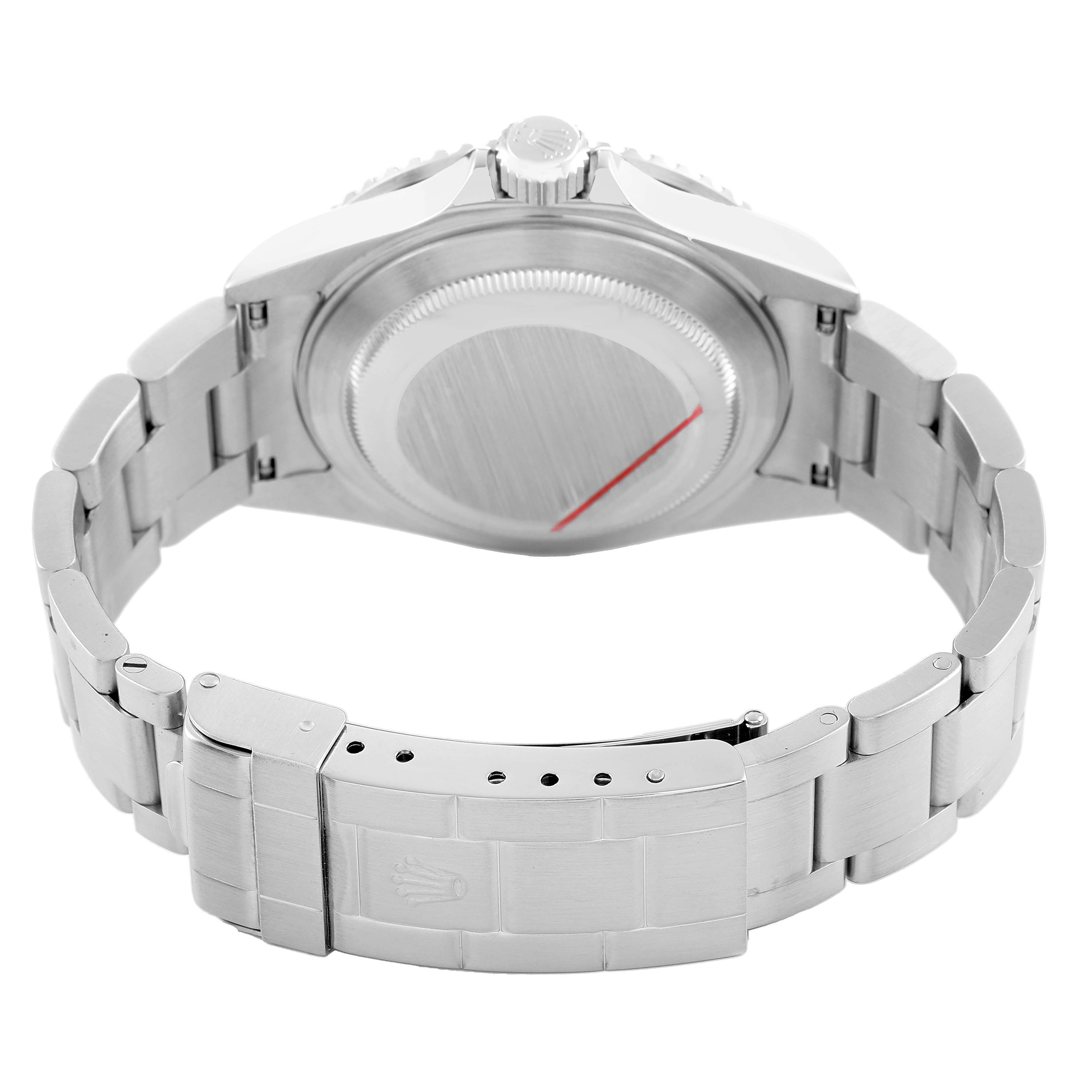 The image shows the back and clasp of a Rolex Submariner 16610 Men's Stainless Steel Black Dial watch, highlighting the case back and stainless steel bracelet.