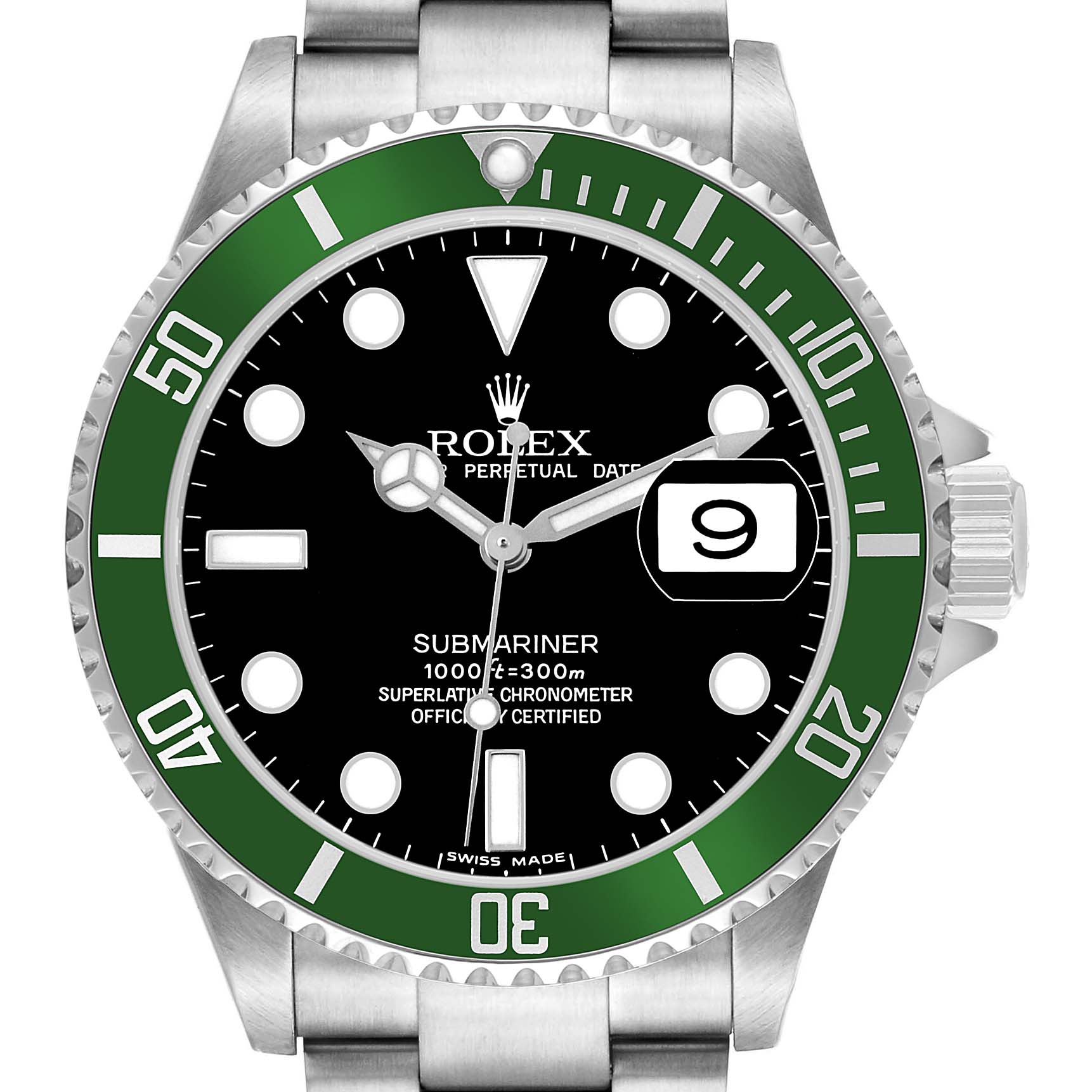 The image shows a front view of a Rolex Submariner 16610 Men's Stainless Steel Black Dial watch, displaying the dial, bezel, hands, and bracelet.