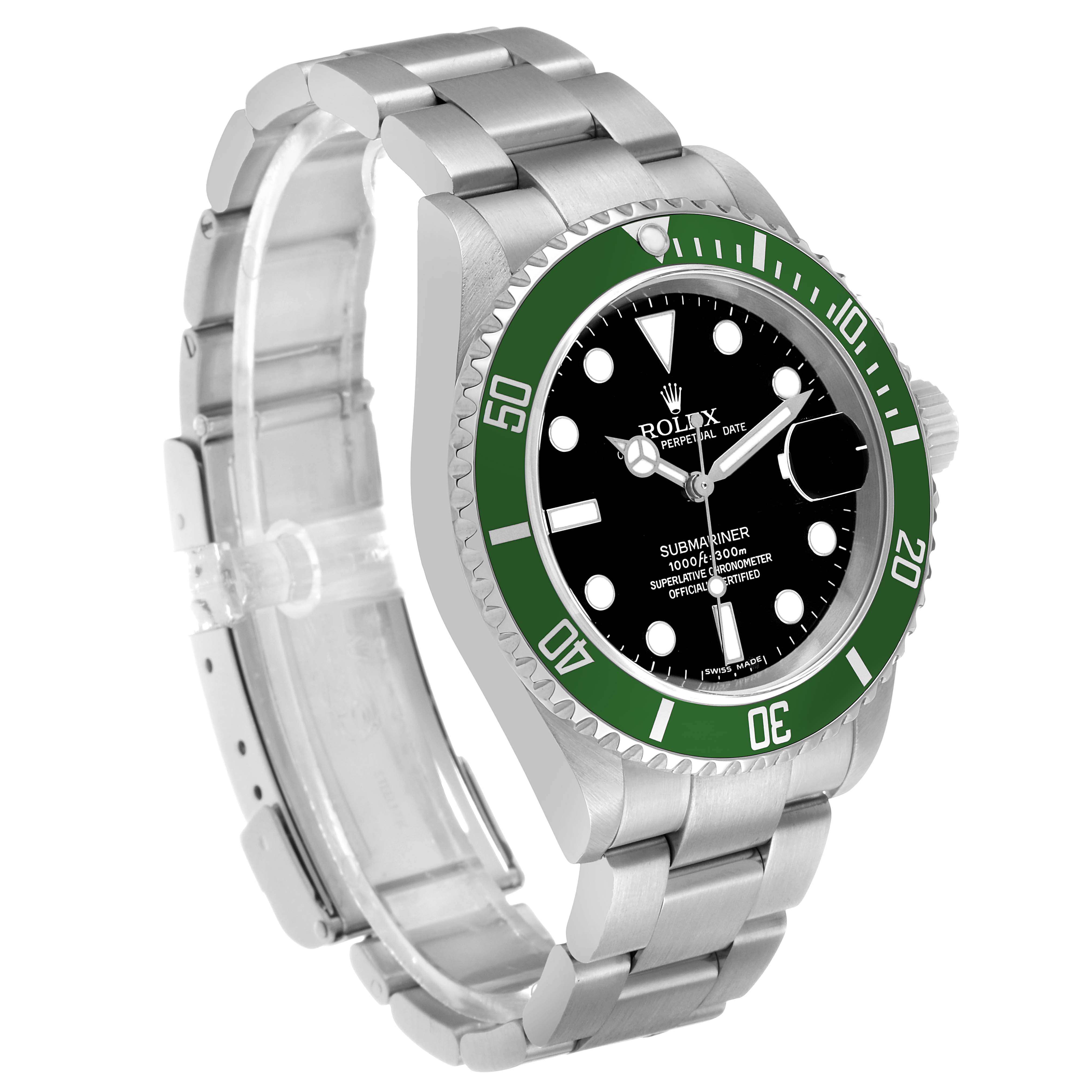 The Rolex Submariner 16610 Men's Stainless Steel Black Dial watch is shown at an oblique angle, highlighting the face, bezel, and part of the bracelet.