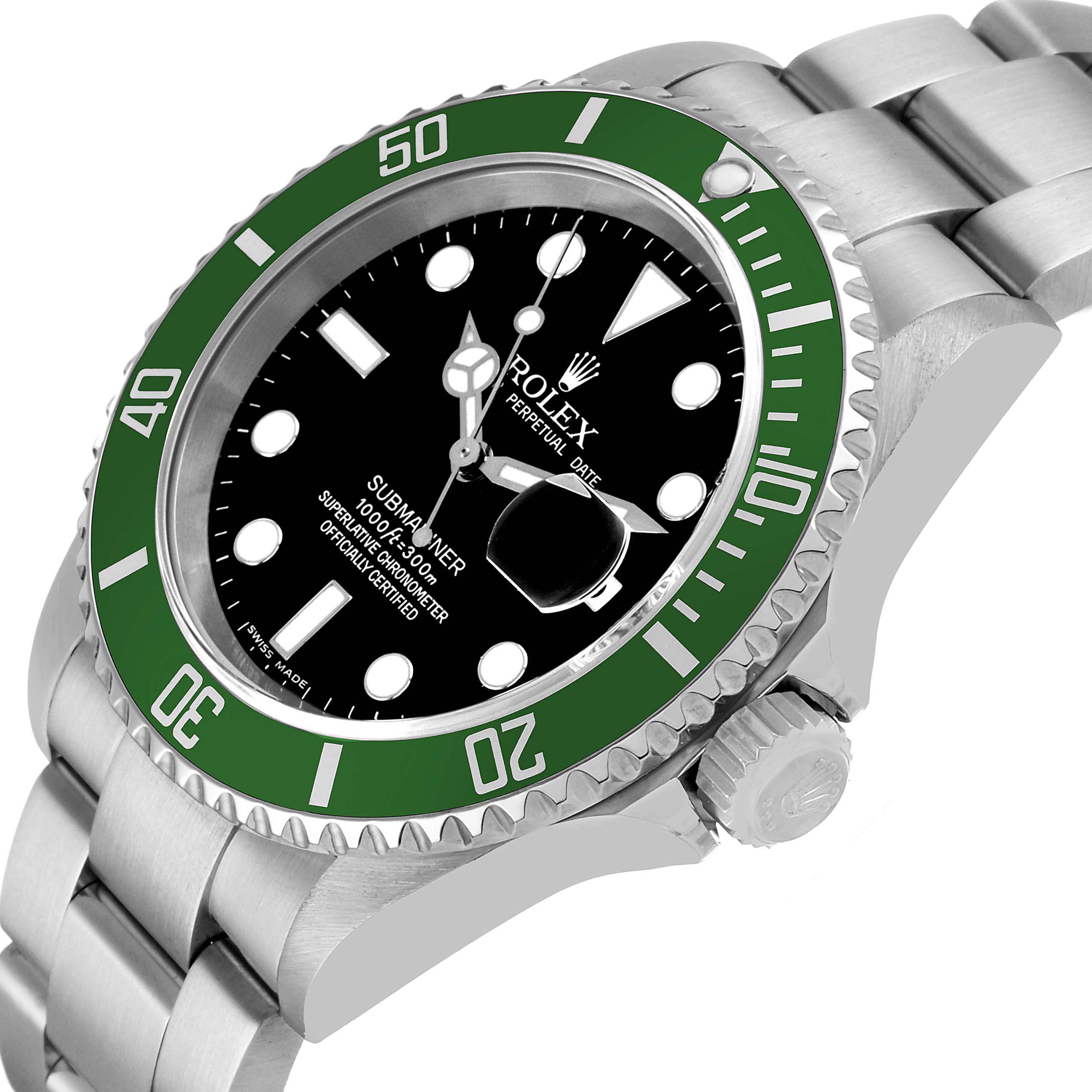 The Rolex Submariner 16610 Men's Stainless Steel Black Dial is shown at an angle displaying the green bezel, black dial, crown, and part of the stainless steel bracelet.