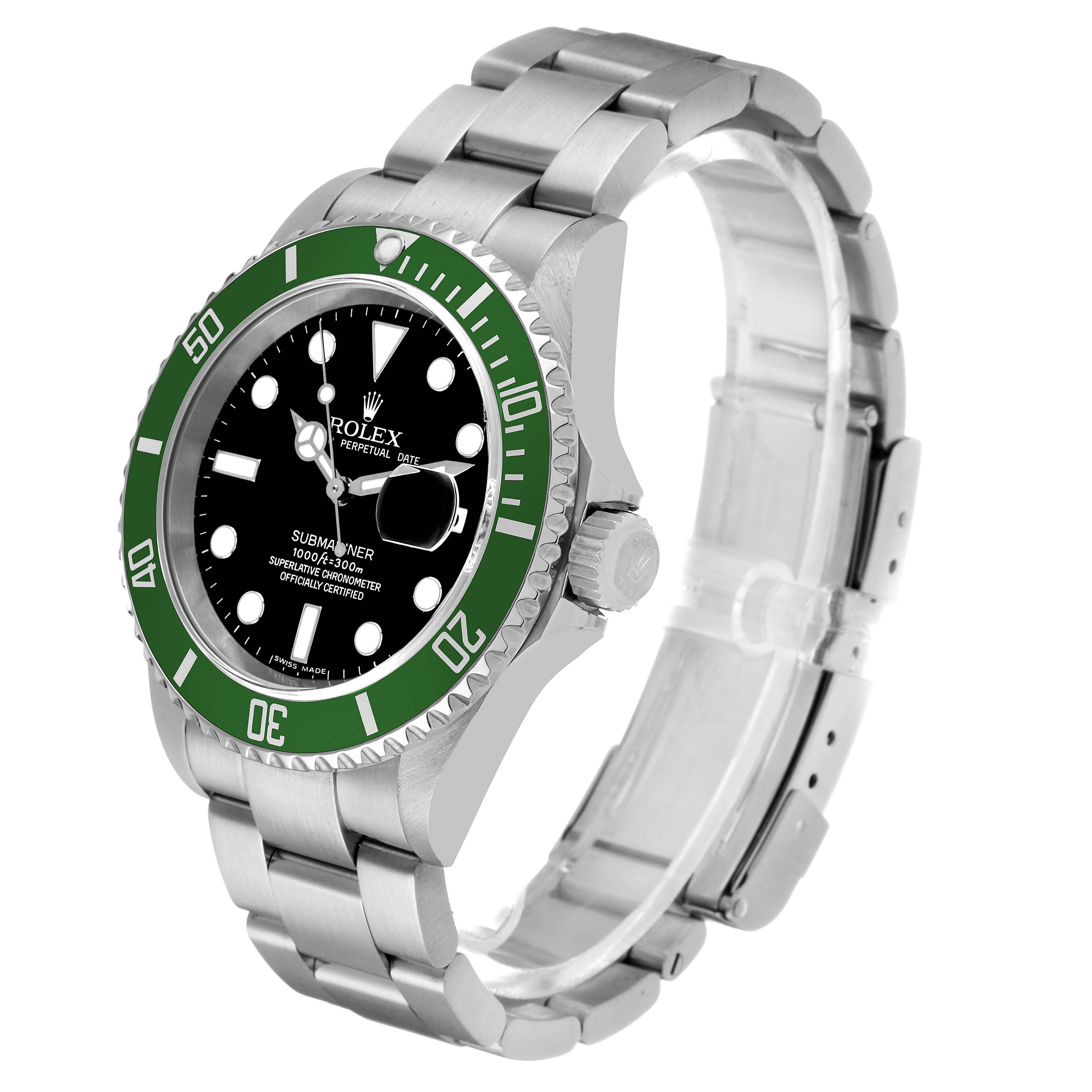 The Rolex Submariner 16610 Men's Stainless Steel Black Dial watch is shown at a three-quarter angle, displaying the green bezel, black dial, and bracelet.
