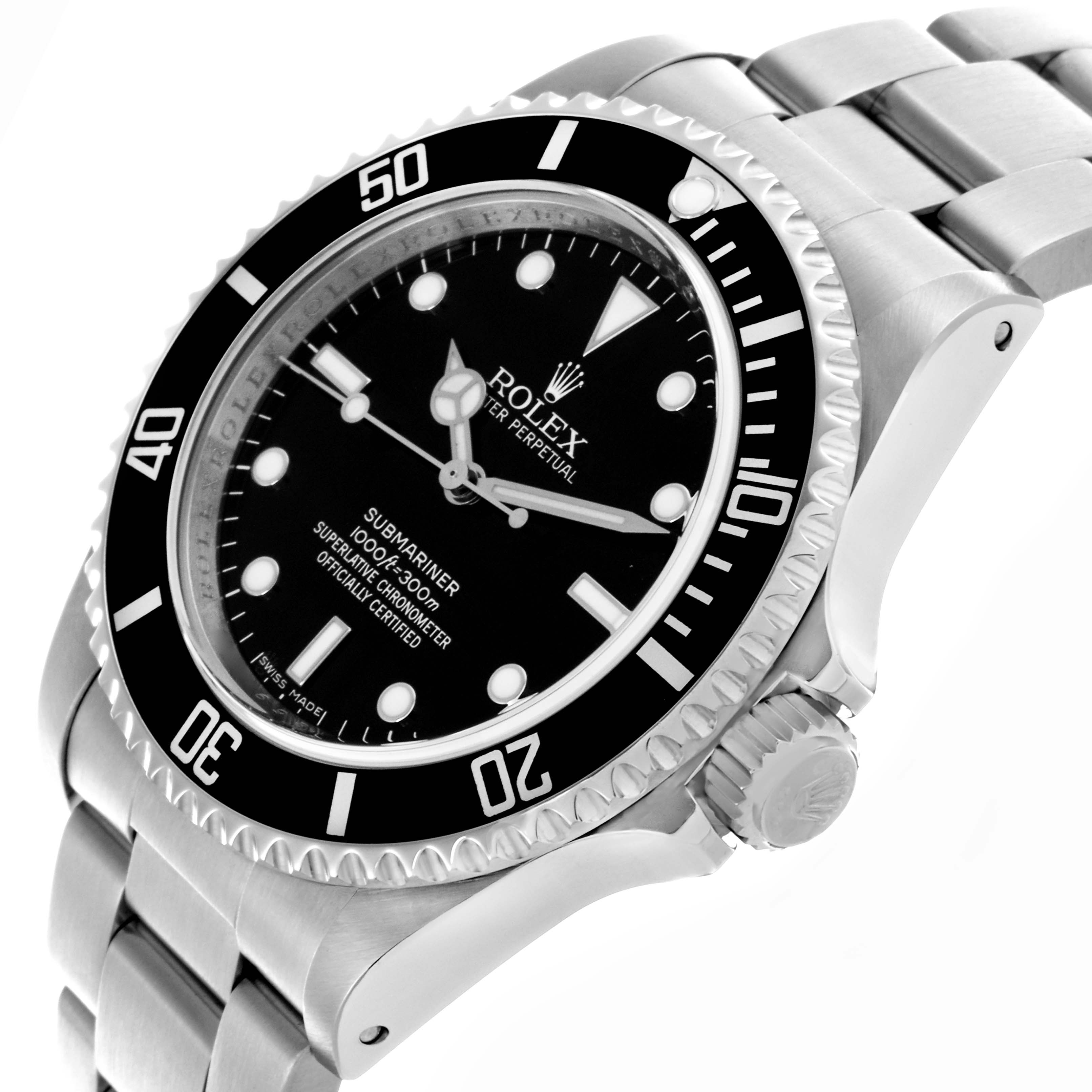 The Rolex Submariner 14060M Men's Stainless Steel Black Dial 14060M Men's Stainless Steel Black Dial is shown at an angle highlighting the full dial, bezel, crown, and part of the stainless steel bracelet.