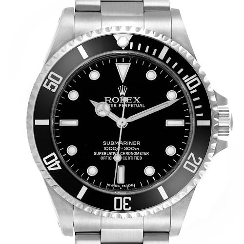 The Rolex Submariner watch is shown from a front angle, highlighting the dial, bezel, and part of the bracelet.