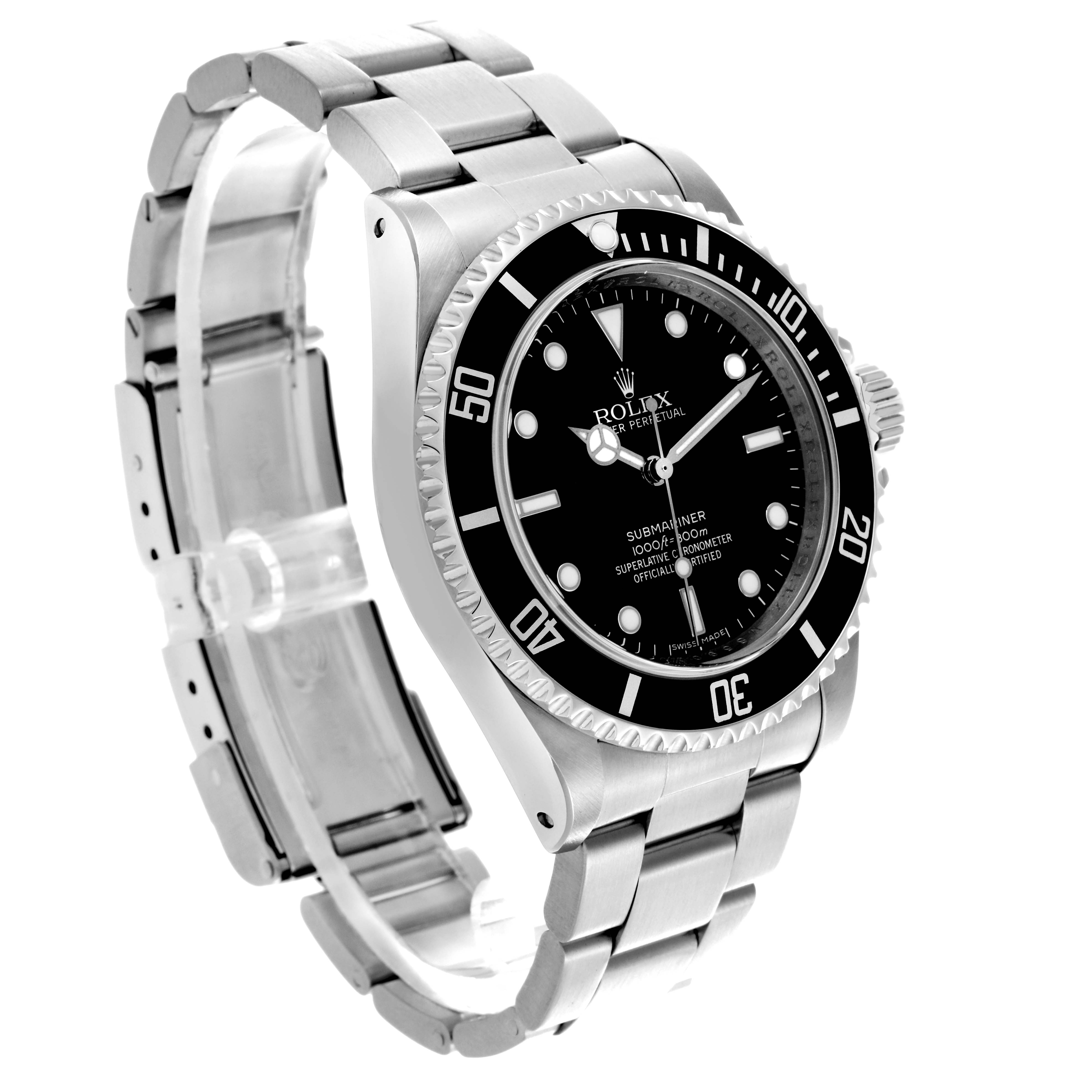 The Rolex Submariner 14060M Men's Stainless Steel Black Dial 14060M Men's Stainless Steel Black Dial watch is shown at a three-quarter angle, displaying its dial, bezel, and partially open bracelet.