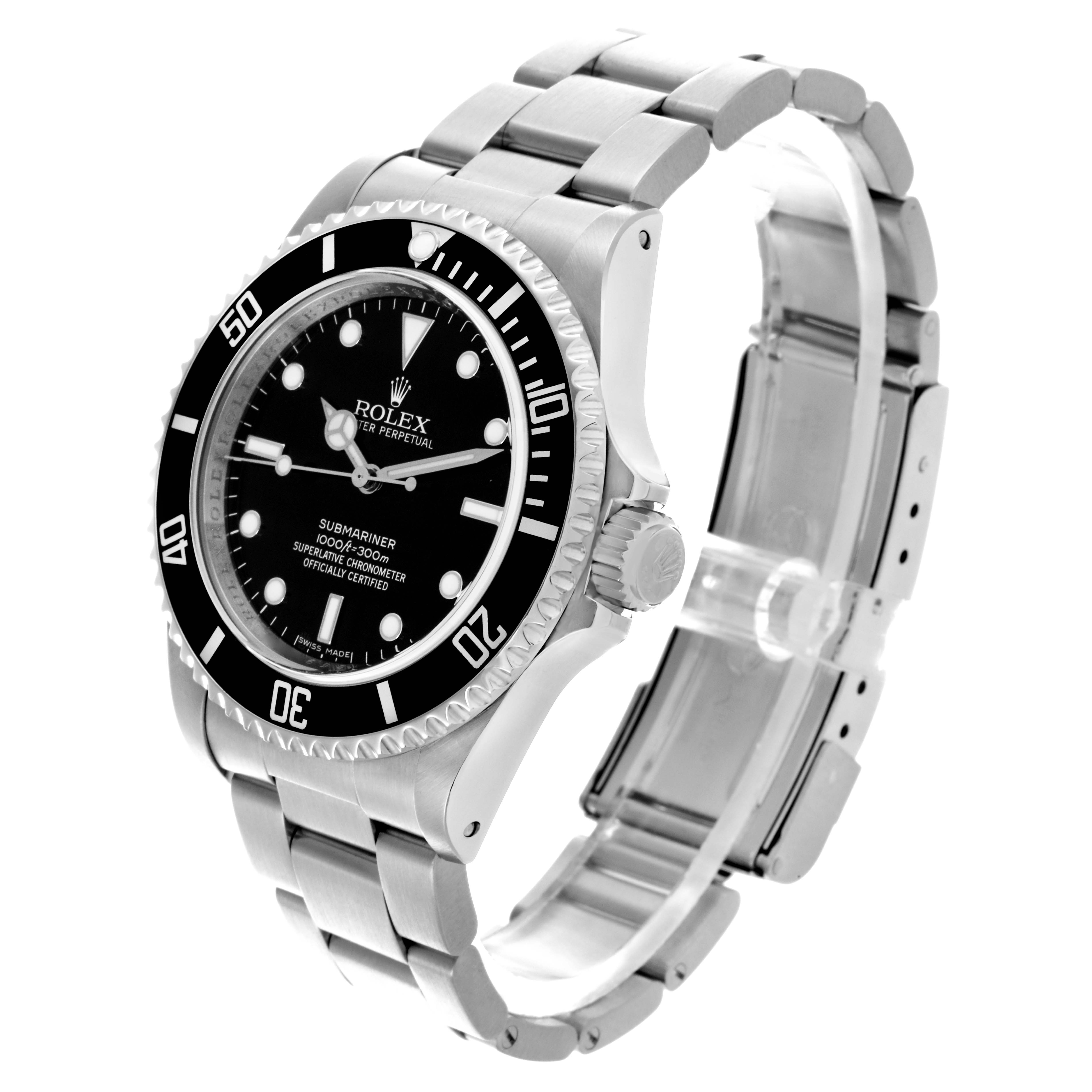 The Rolex Submariner 14060M Men's Stainless Steel Black Dial 14060M Men's Stainless Steel Black Dial is shown from an angled side view, displaying the bezel, crown, dial, and metal bracelet.