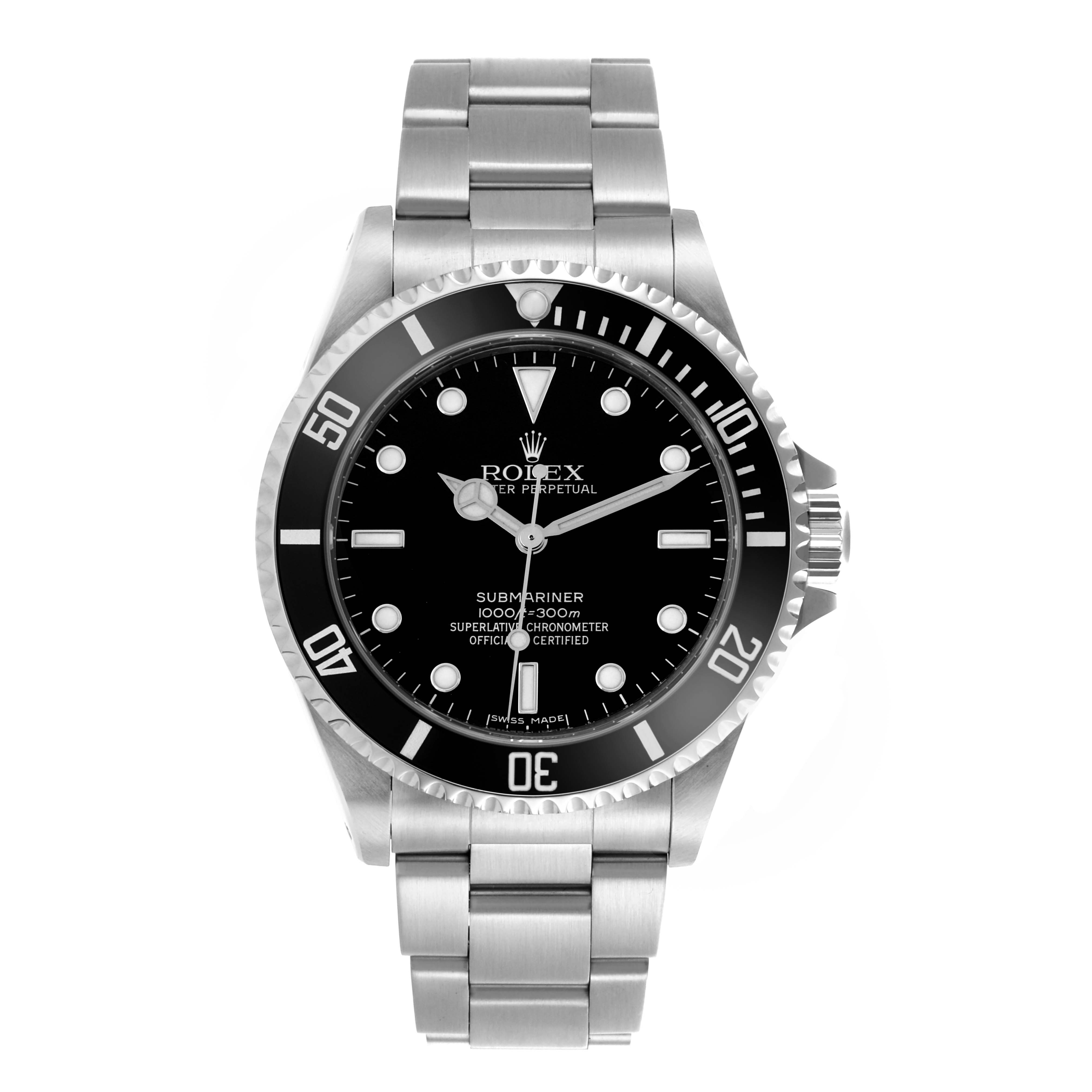 The Rolex Submariner 14060M Men's Stainless Steel Black Dial 14060M Men's Stainless Steel Black Dial is shown from a front angle, displaying the dial, bezel, and bracelet.