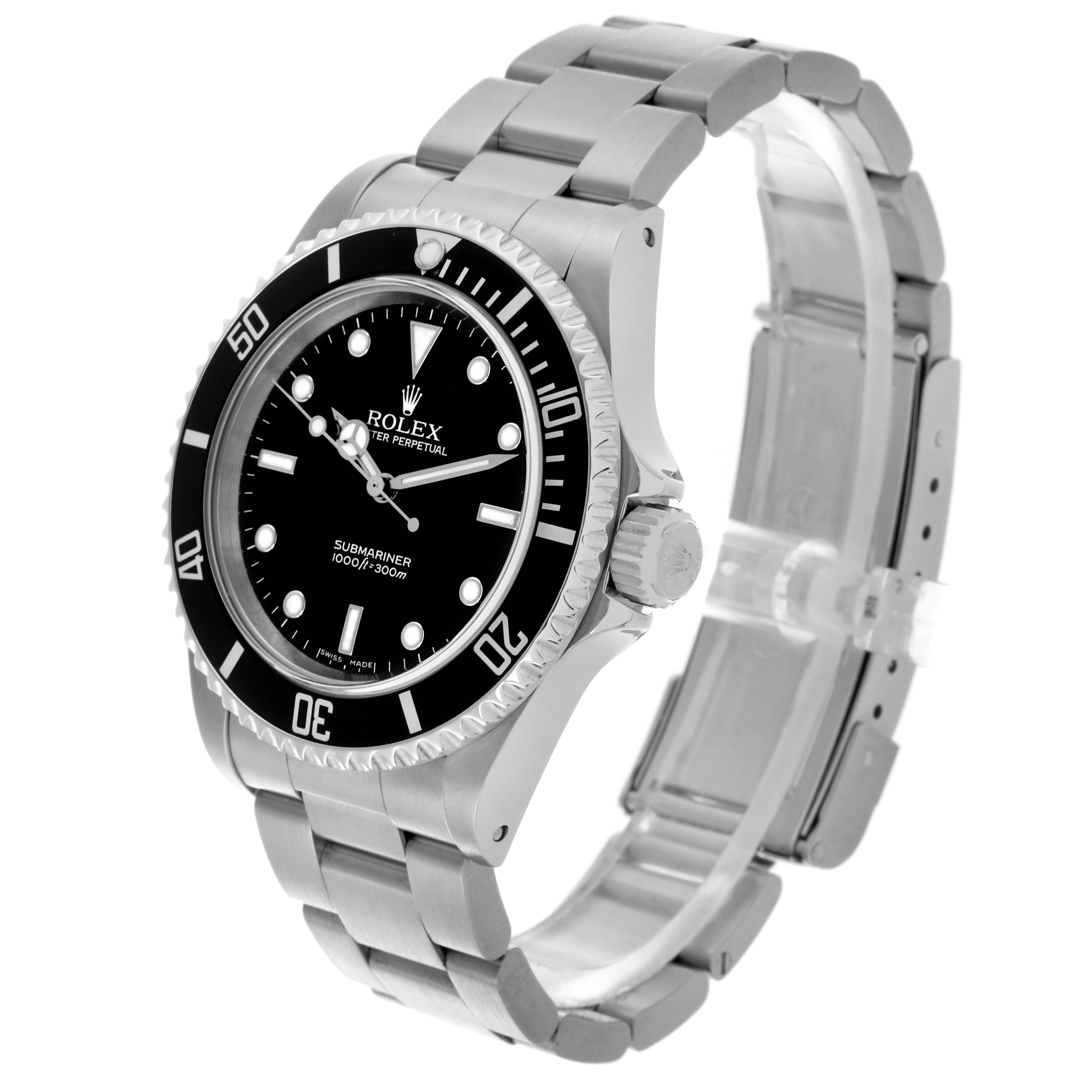 The Rolex Submariner 14060M Men's Stainless Steel Black Dial 14060M Men's Stainless Steel Black Dial watch is shown at a side angle, displaying the dial, bezel, crown, and bracelet.