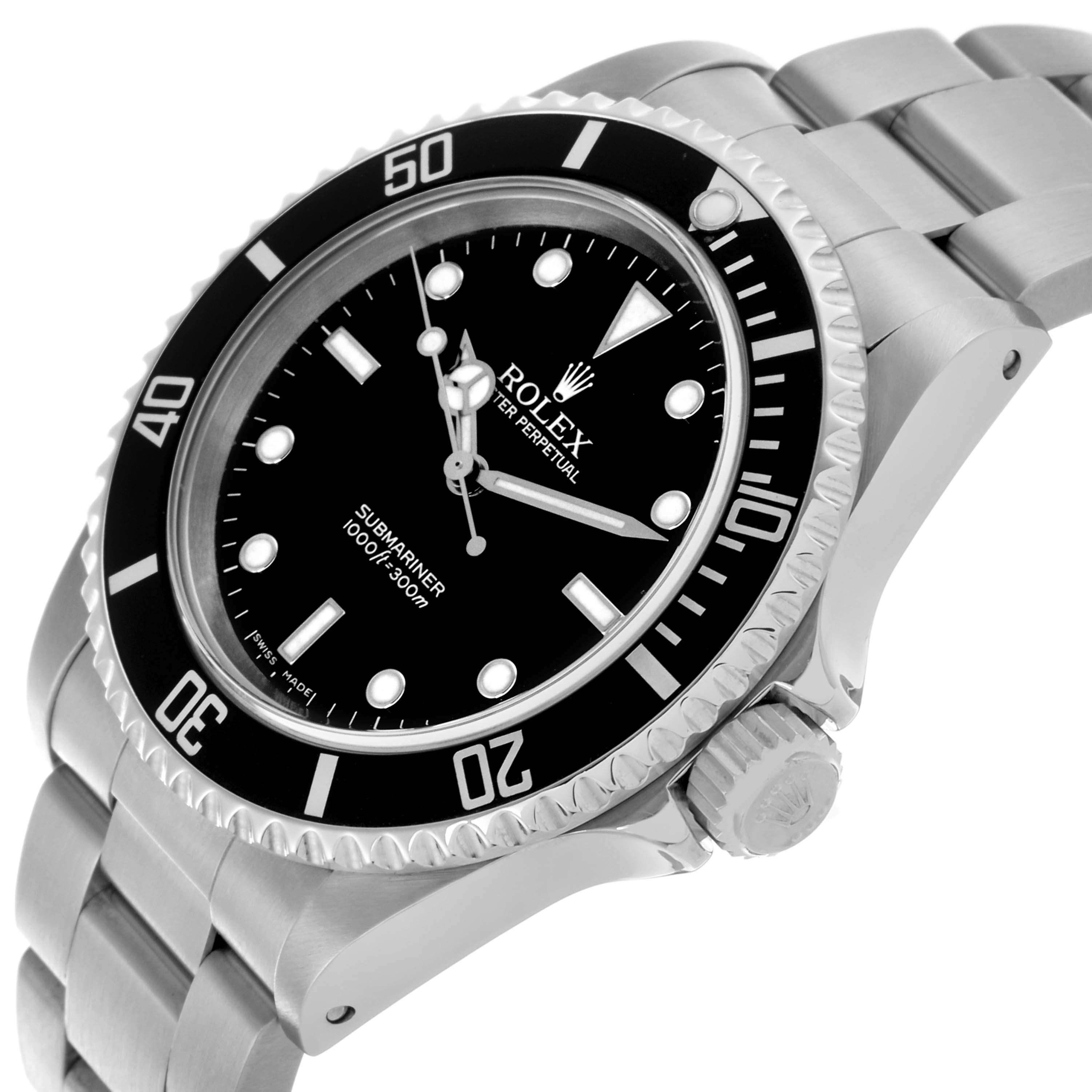 The Rolex Submariner 14060M Men's Stainless Steel Black Dial 14060M Men's Stainless Steel Black Dial is shown at an angle highlighting the face, bezel, crown, and bracelet.