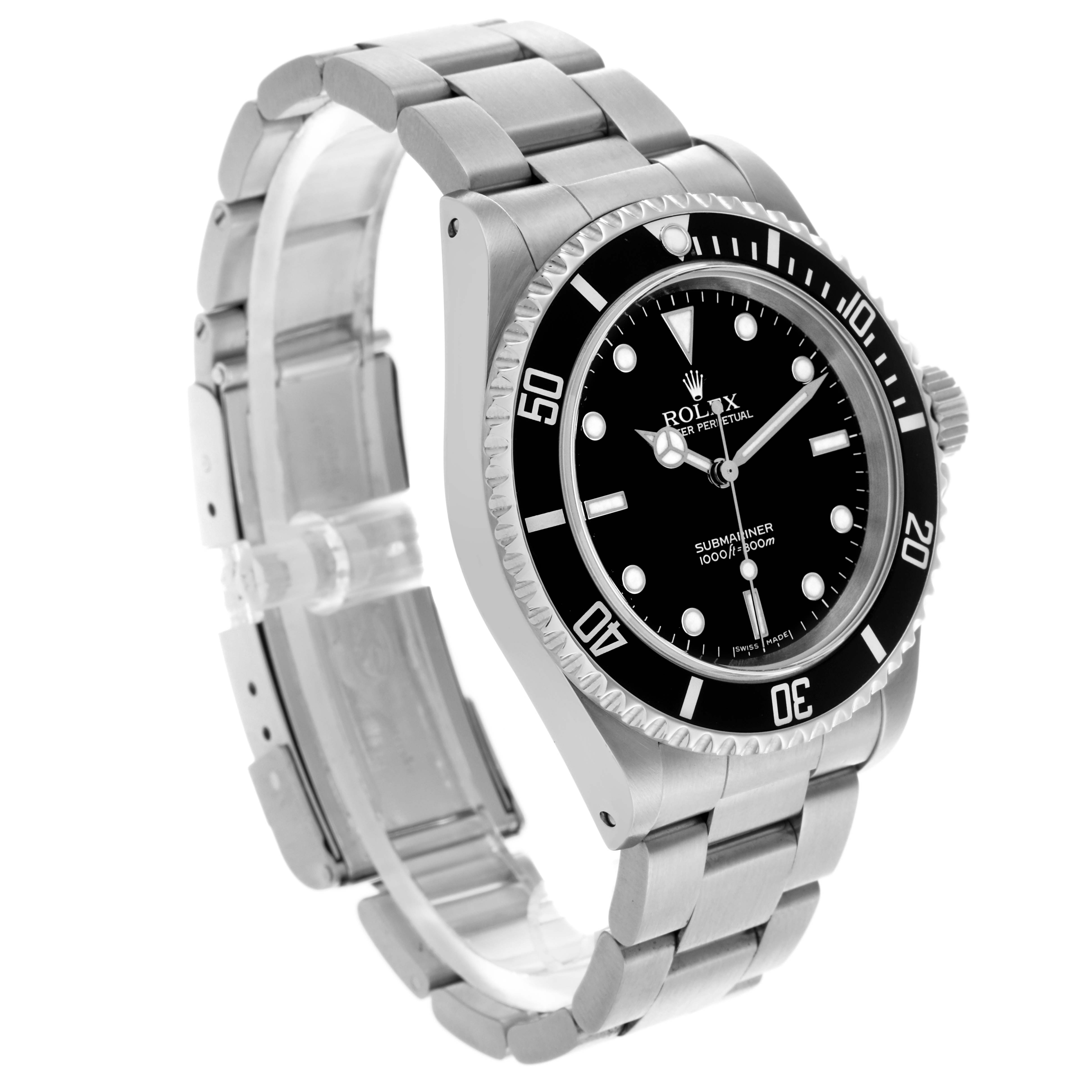 The Rolex Submariner 14060M Men's Stainless Steel Black Dial 14060M Men's Stainless Steel Black Dial watch is shown at a three-quarter angle, highlighting its bezel, dial, bracelet, and clasp.