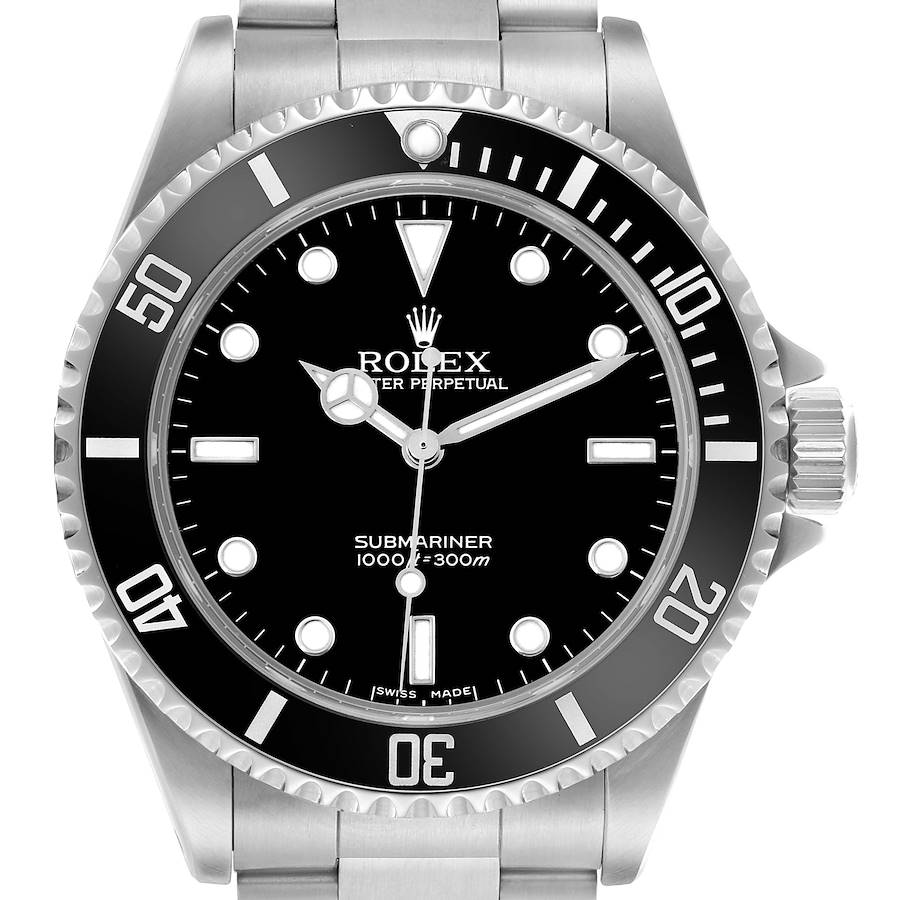 The image shows a front view of the Rolex Submariner, displaying its dial, bezel, and part of the bracelet.