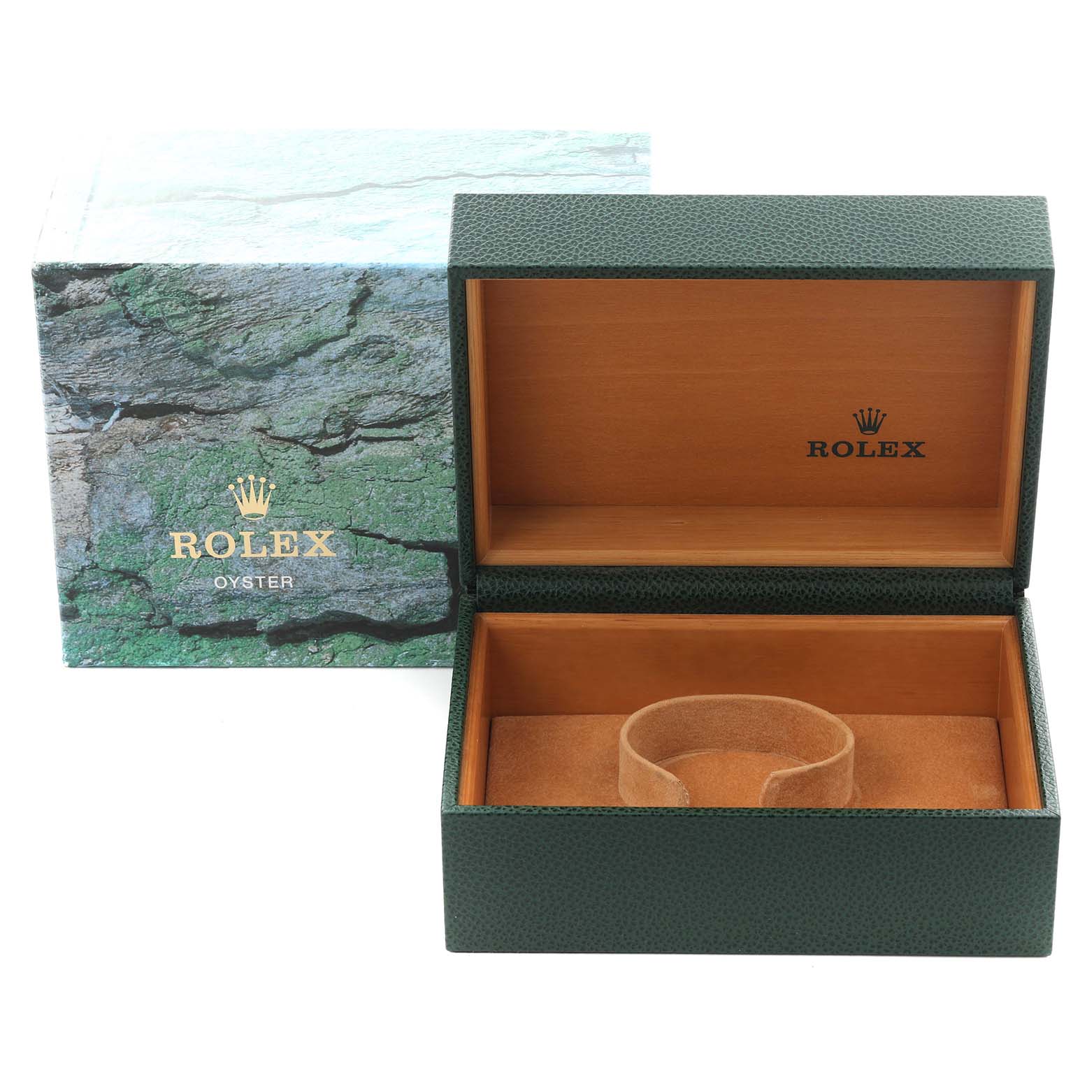 The image shows a Rolex Submariner 14060M Men's Stainless Steel Black Dial 14060M Men's Stainless Steel Black Dial watch box and its interior, with a green textured outer box and a wooden inner lining.