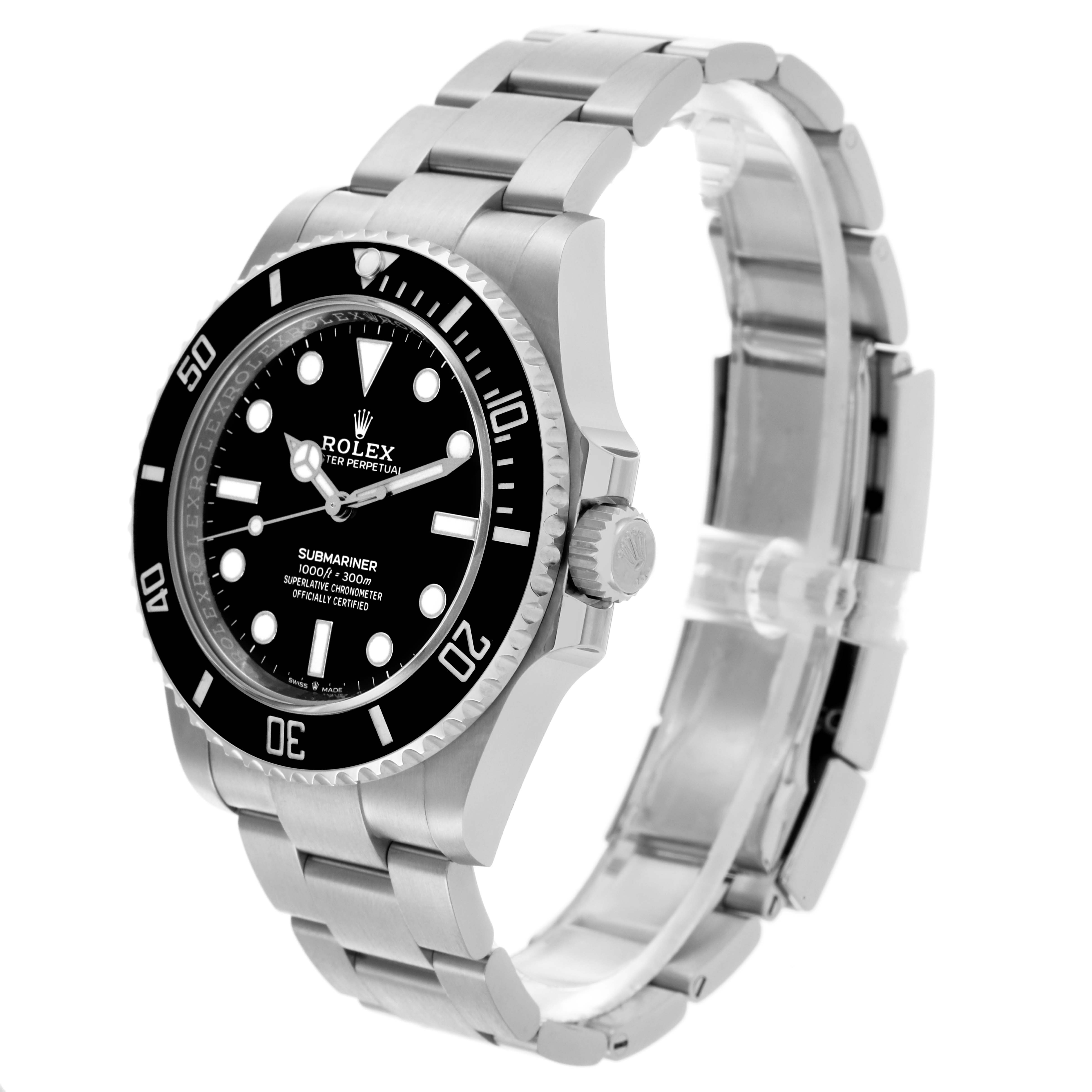 The Rolex Submariner 124060 Men's Stainless Steel Black Dial 124060 Men's Stainless Steel Black Dial watch is shown at a slight angle, highlighting the dial, bezel, and bracelet.