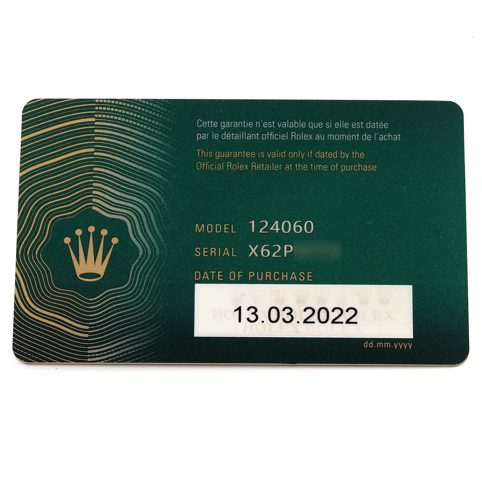 This image shows the warranty card for a Rolex Submariner 124060 Men's Stainless Steel Black Dial 124060 Men's Stainless Steel Black Dial model, detailing the model number, serial, and purchase date.