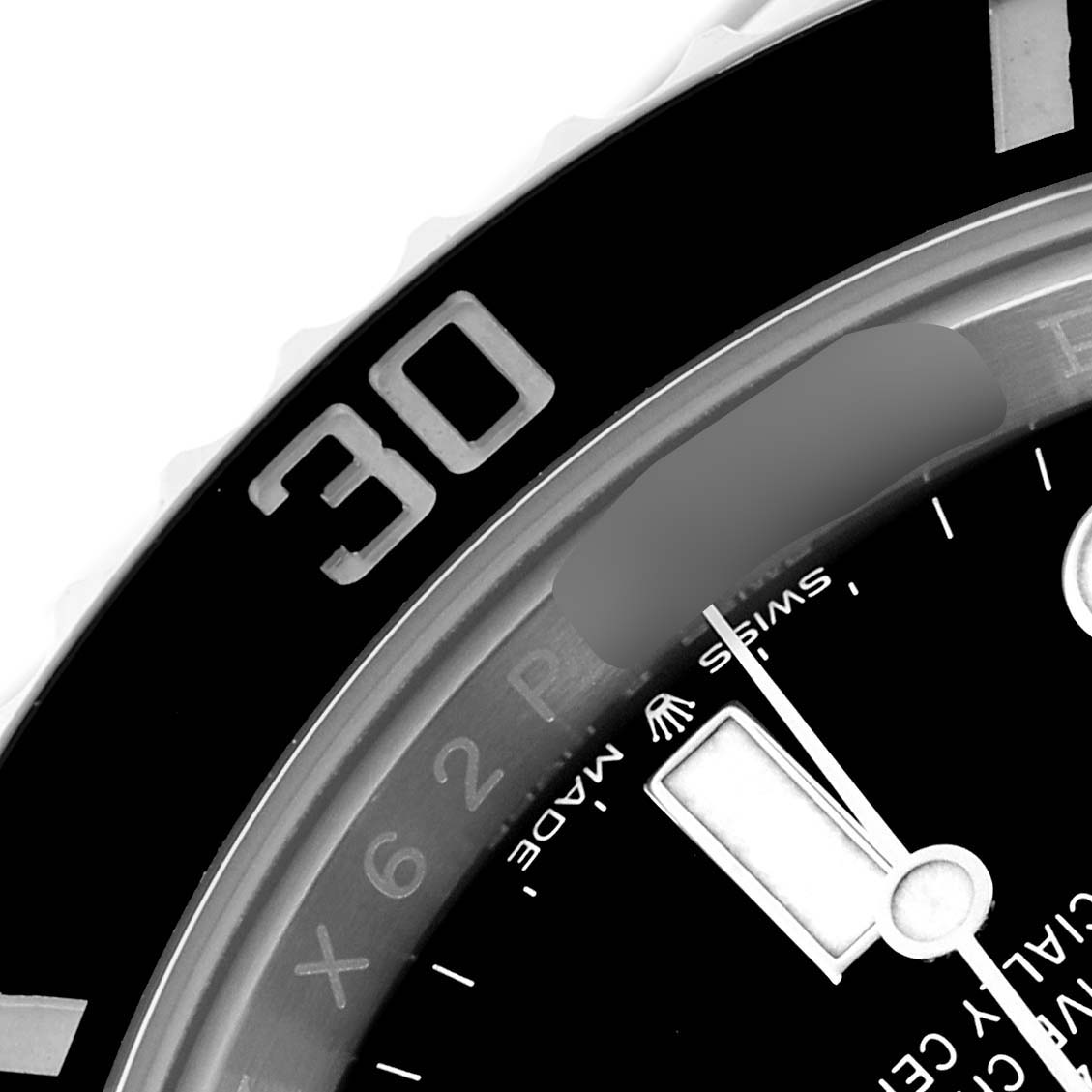 The image shows a close-up of the Rolex Submariner 124060 Men's Stainless Steel Black Dial 124060 Men's Stainless Steel Black Dial's bezel and part of the dial, highlighting the "30" mark and minute hand.