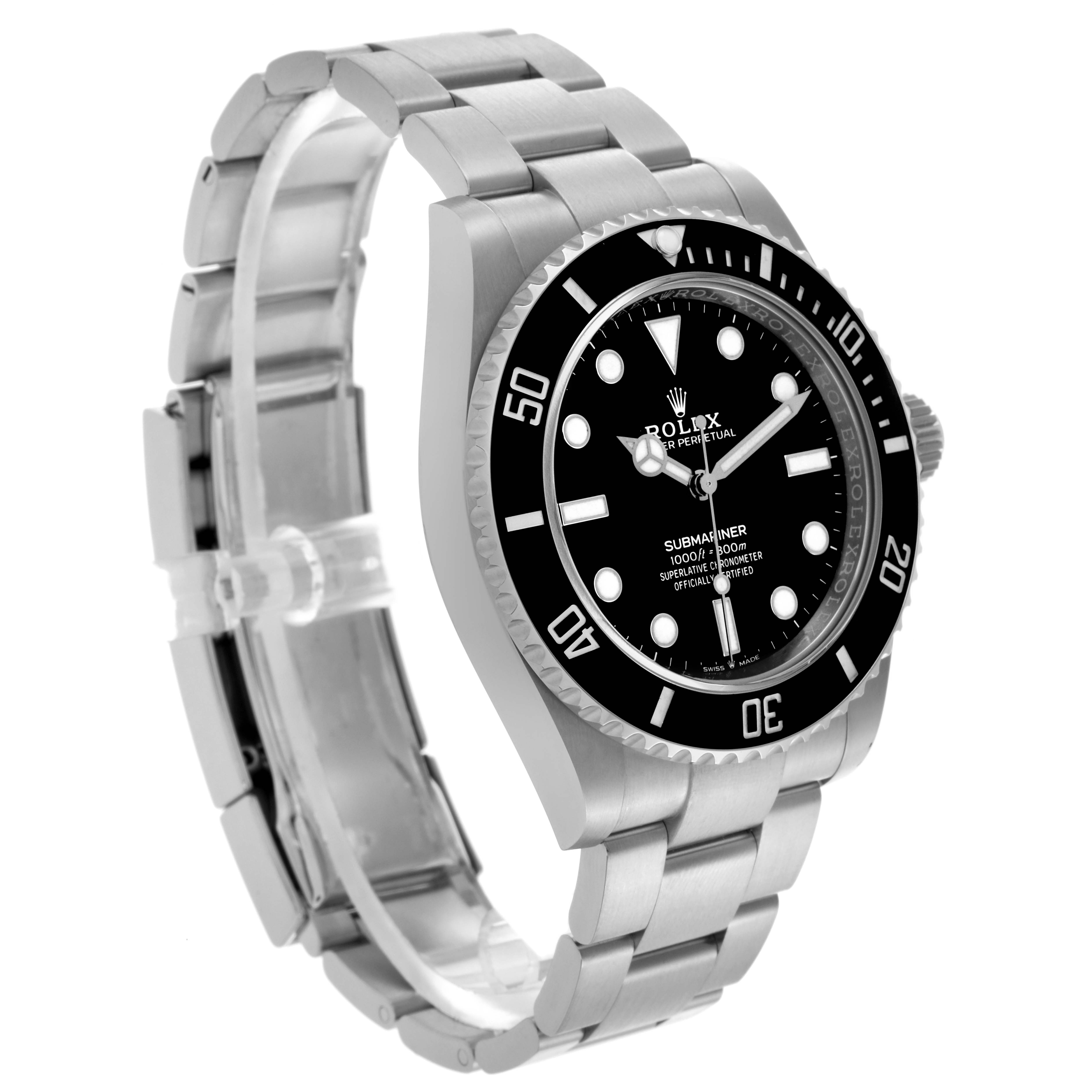 The Rolex Submariner 124060 Men's Stainless Steel Black Dial 124060 Men's Stainless Steel Black Dial watch is shown at a three-quarter angle, highlighting the bezel, dial, and bracelet.