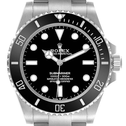 The image shows a front view of the Rolex Submariner, highlighting the dial, bezel, and part of the bracelet.