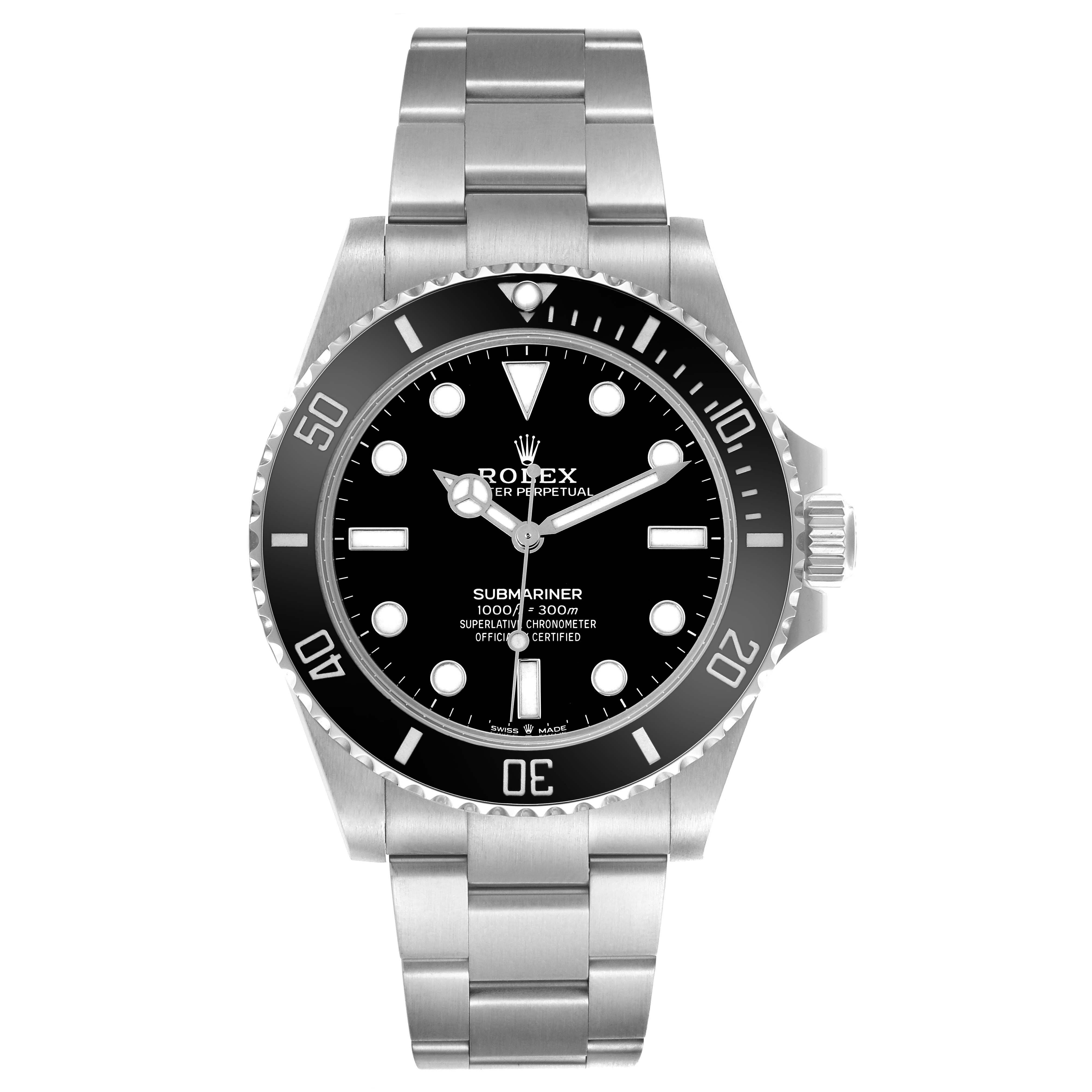 The Rolex Submariner 124060 Men's Stainless Steel Black Dial 124060 Men's Stainless Steel Black Dial watch is shown from a front angle, displaying its dial, bezel, bracelet, and crown.