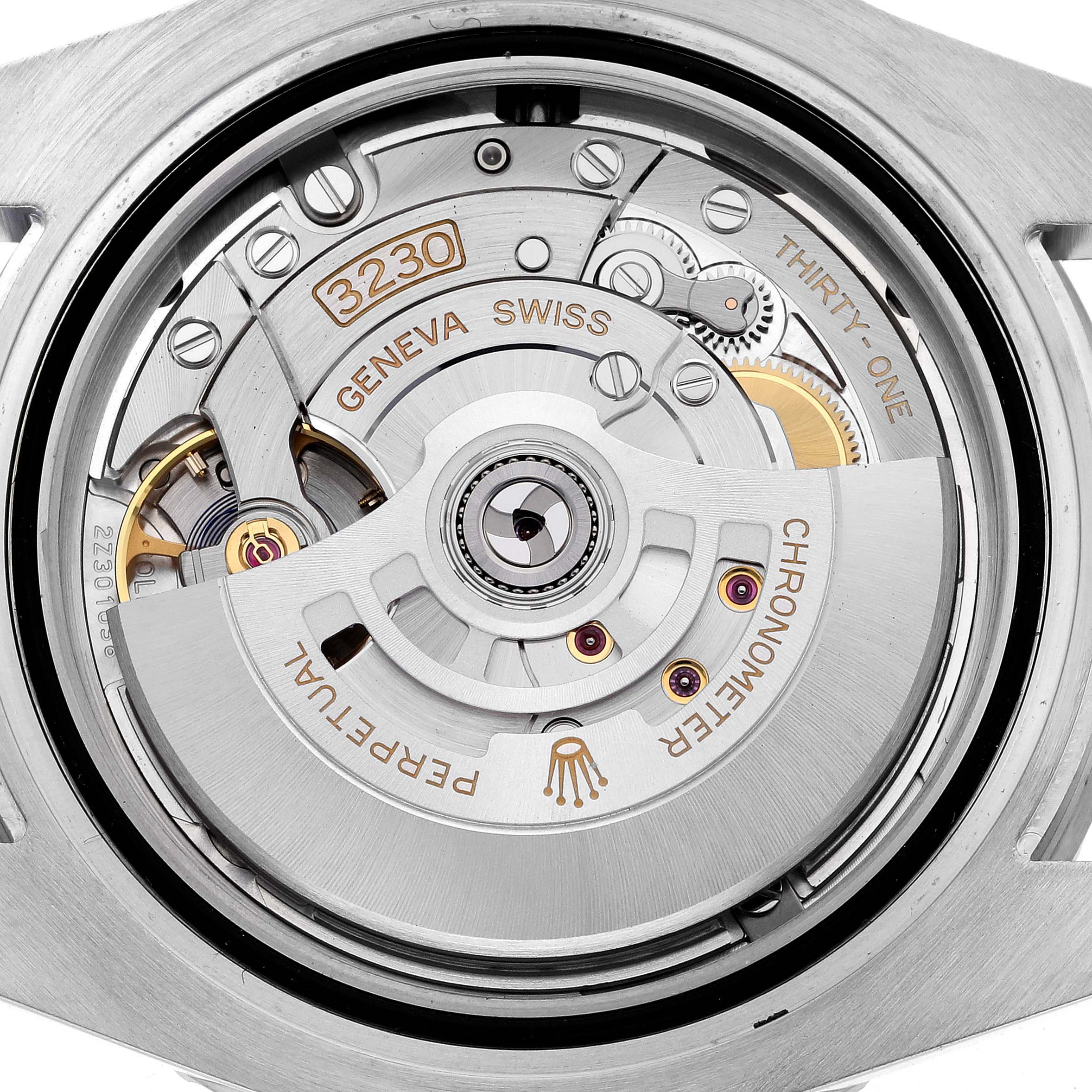 The image shows the back view of a Rolex Submariner 124060 Men's Stainless Steel Black Dial 124060 Men's Stainless Steel Black Dial's open case, highlighting its intricate movement and rotor.