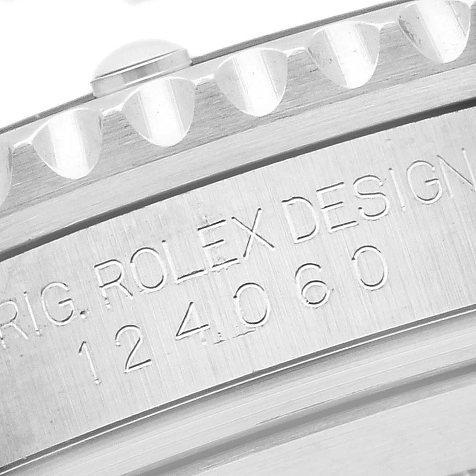 The image shows the side profile of a Rolex Submariner 124060 Men's Stainless Steel Black Dial 124060 Men's Stainless Steel Black Dial, highlighting the bezel and engraved model details.