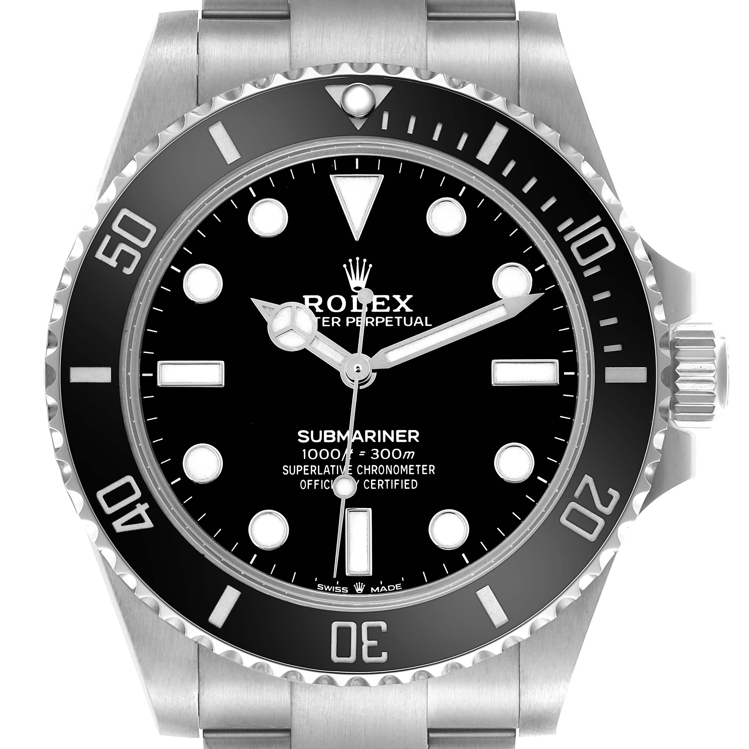 The image shows a front view of a Rolex Submariner 124060 Men's Stainless Steel Black Dial 124060 Men's Stainless Steel Black Dial watch, highlighting the dial, bezel, hands, and bracelet.