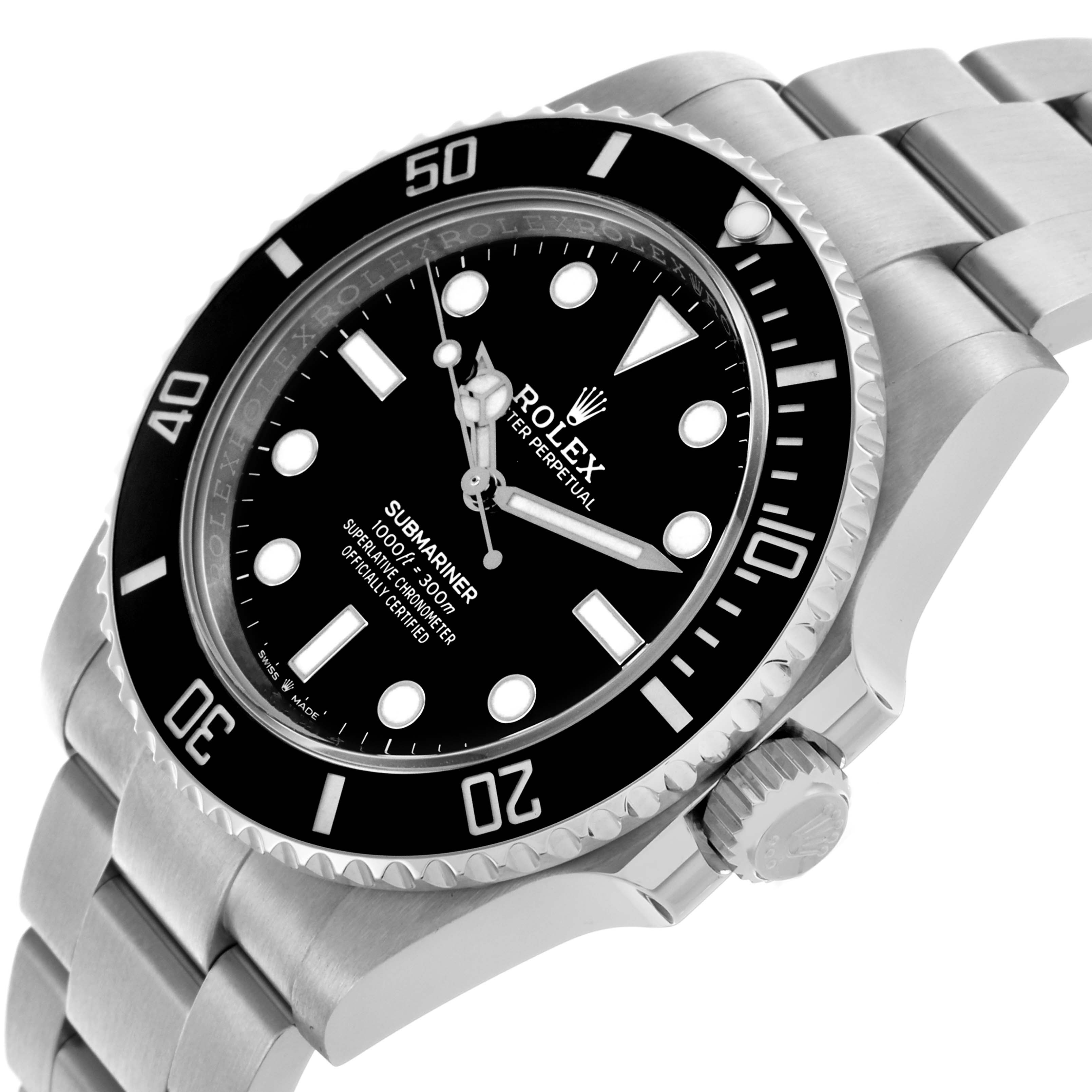 The Rolex Submariner 124060 Men's Stainless Steel Black Dial 124060 Men's Stainless Steel Black Dial watch is shown at an angled side view, highlighting the bezel, crown, dial, and bracelet.
