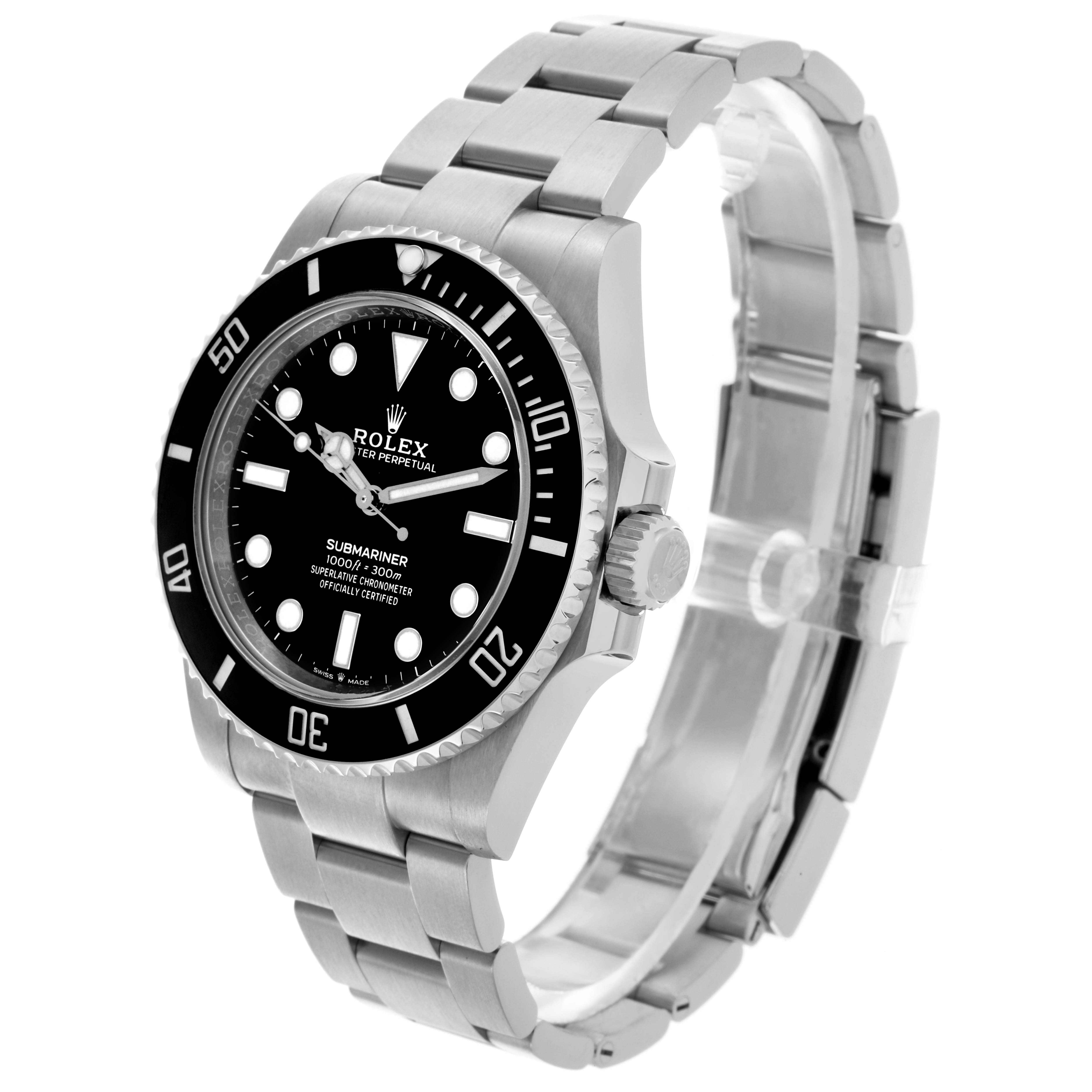 The Rolex Submariner 124060 Men's Stainless Steel Black Dial 124060 Men's Stainless Steel Black Dial watch is shown at a three-quarter angle displaying the face, bezel, and bracelet.