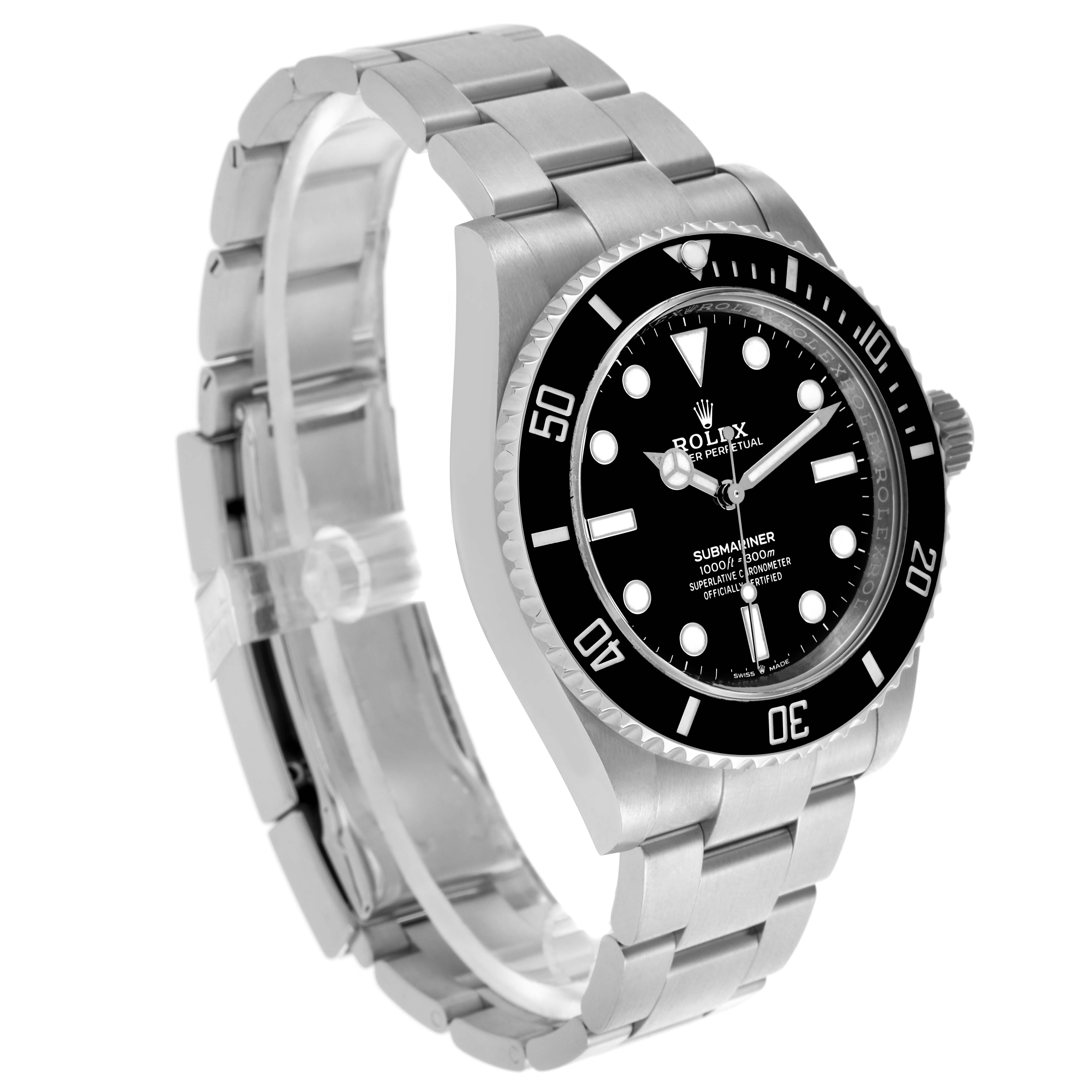 The Rolex Submariner 124060 Men's Stainless Steel Black Dial 124060 Men's Stainless Steel Black Dial watch is shown at a three-quarter angle, displaying the bracelet, bezel, and dial.