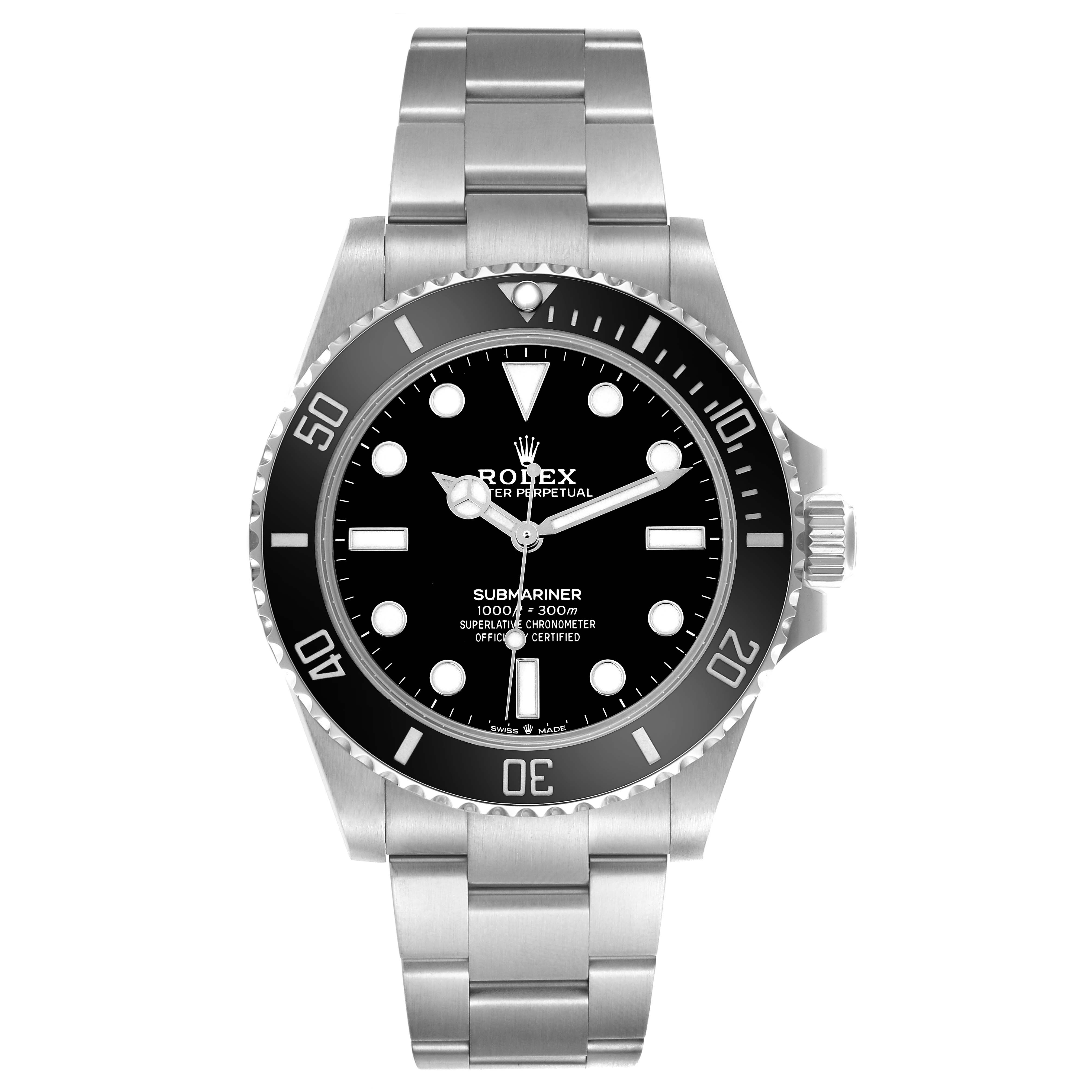 The Rolex Submariner 124060 Men's Stainless Steel Black Dial 124060 Men's Stainless Steel Black Dial watch is shown from a front angle, displaying its dial, bezel, bracelet, and crown.