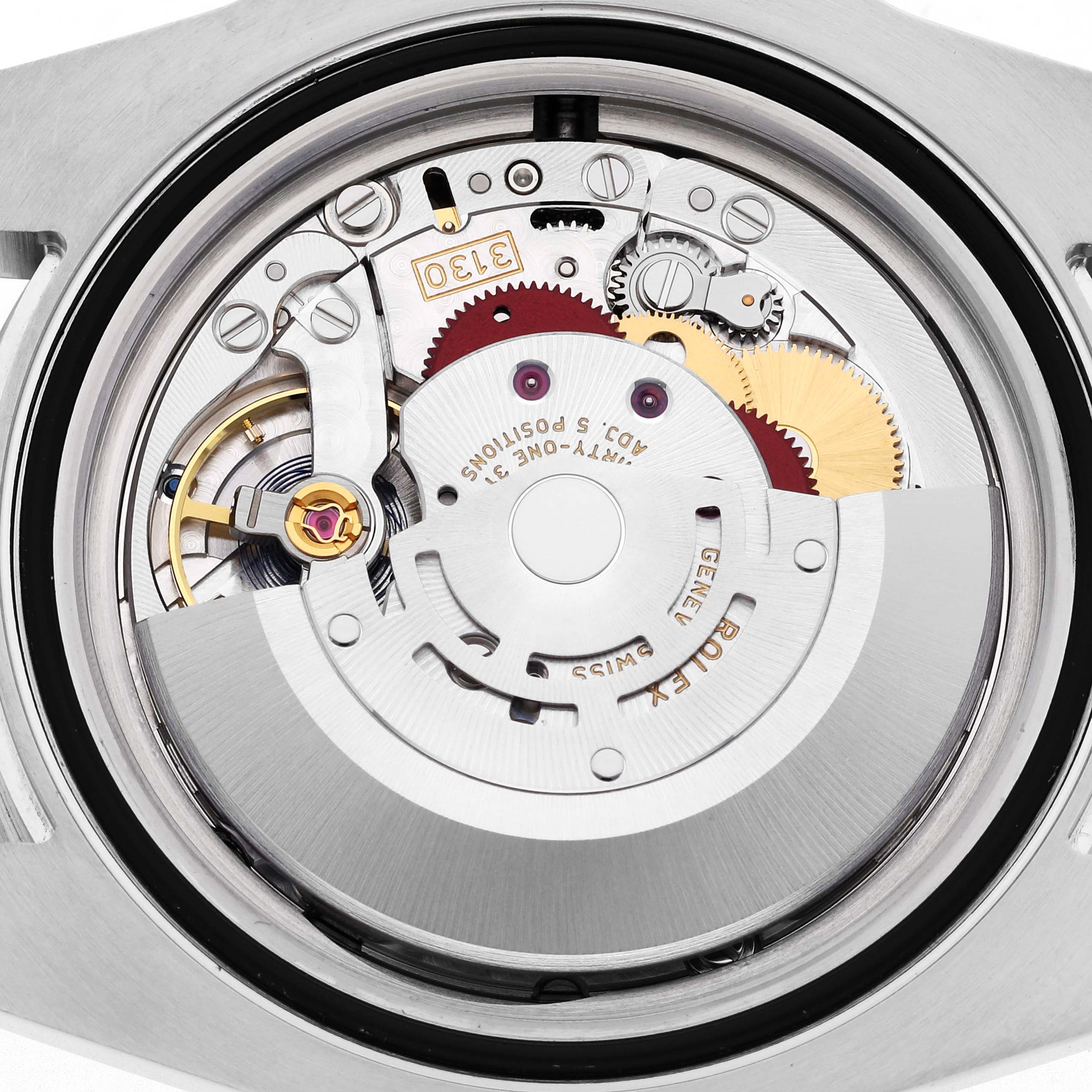 The image shows a close-up view of the movement inside a Rolex Submariner 114060 Men's Stainless Steel Black Dial 114060 Men's Stainless Steel Black Dial, highlighting its intricate mechanical components.