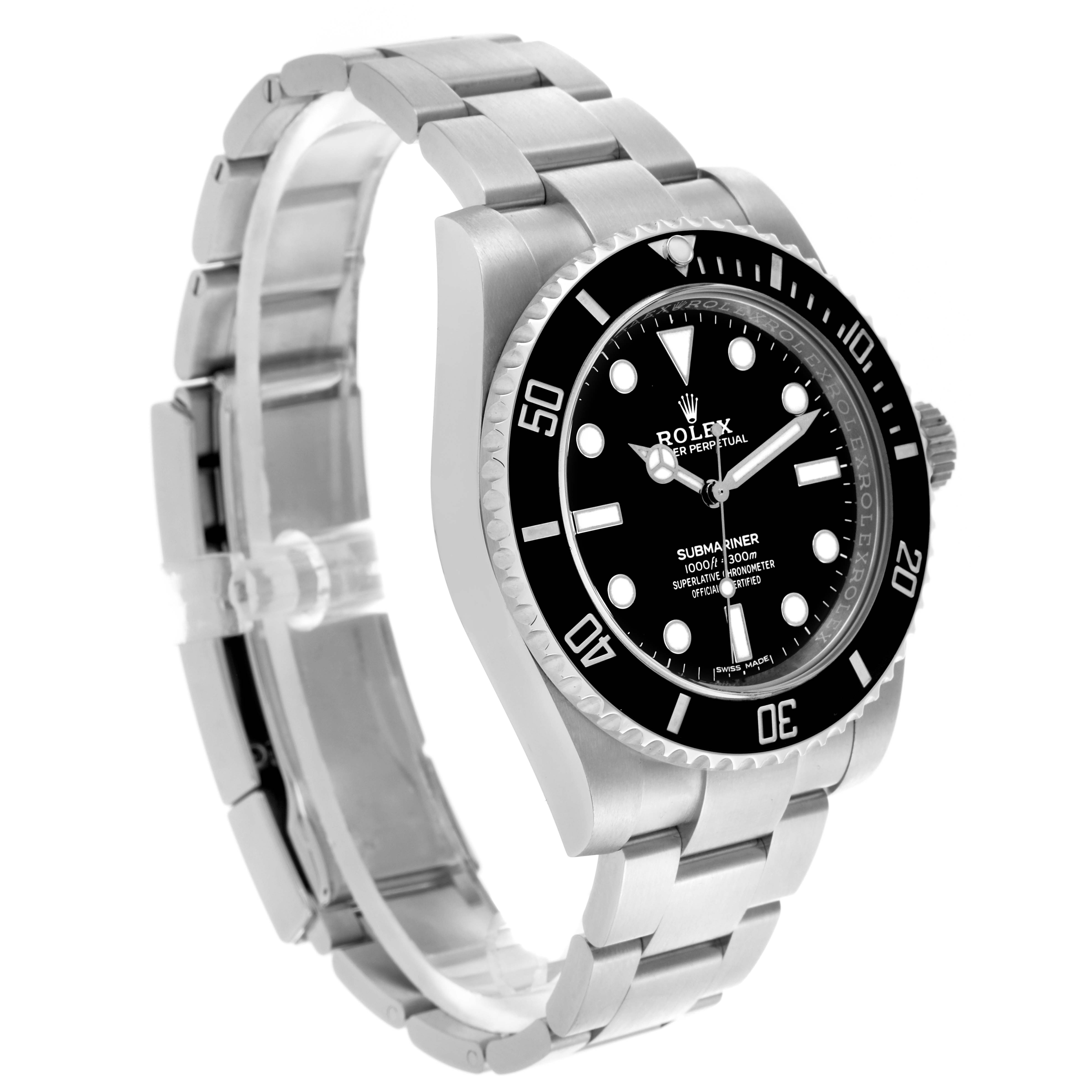 The Rolex Submariner 114060 Men's Stainless Steel Black Dial 114060 Men's Stainless Steel Black Dial watch is shown at a slight angle, highlighting the face, rotating bezel, and stainless steel bracelet.