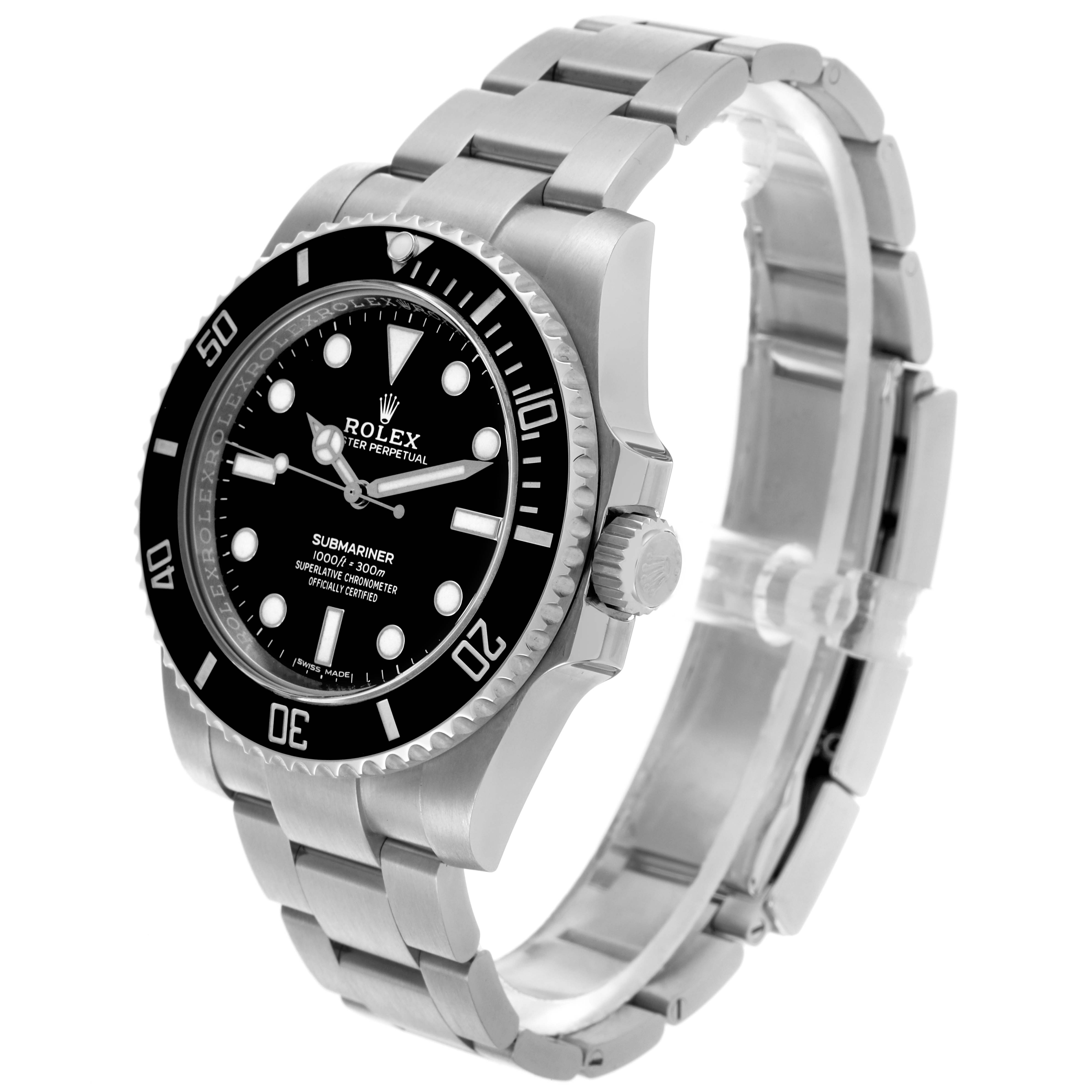 The Rolex Submariner 114060 Men's Stainless Steel Black Dial 114060 Men's Stainless Steel Black Dial watch is shown from an angled side view, highlighting the face, bezel, and bracelet.