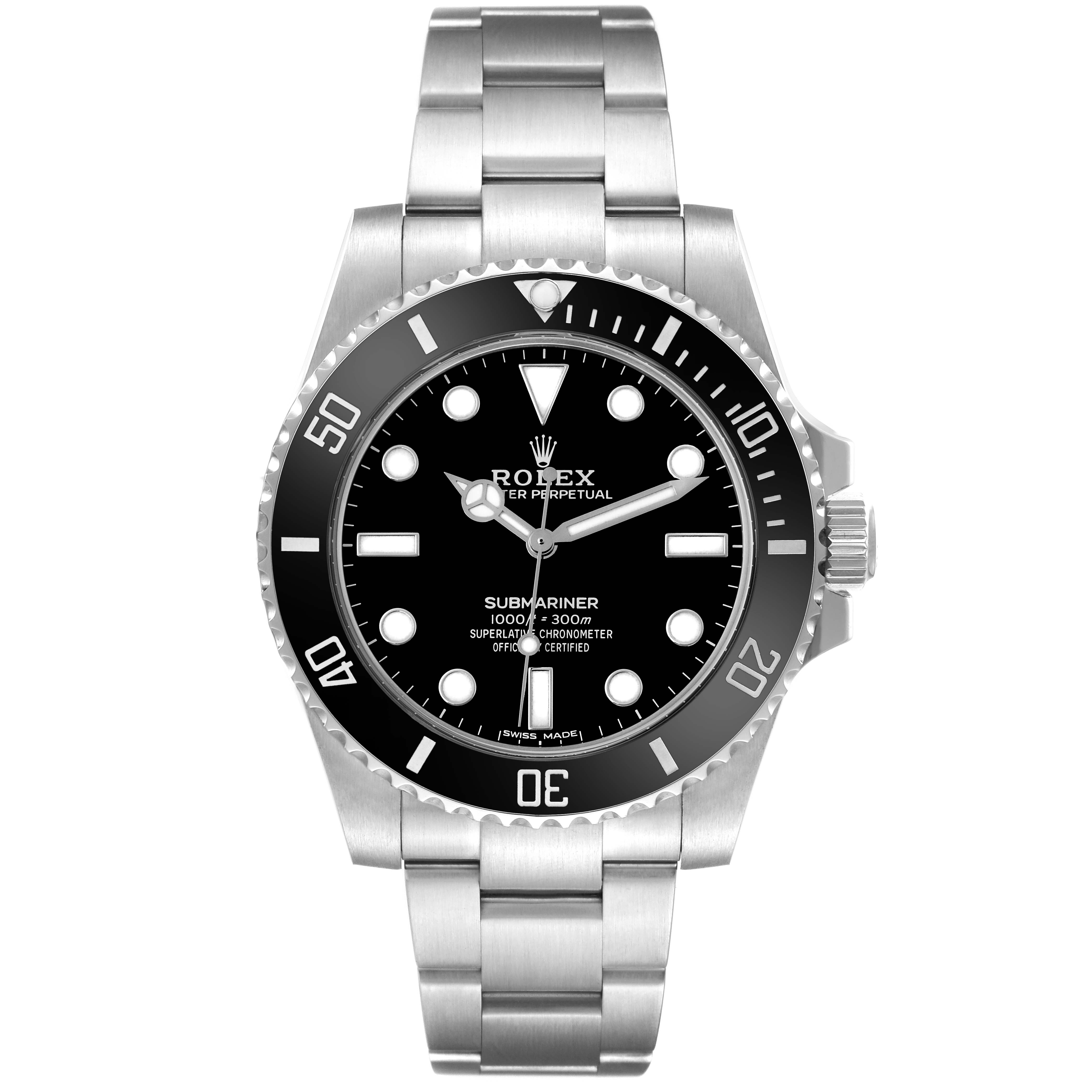 The Rolex Submariner 114060 Men's Stainless Steel Black Dial 114060 Men's Stainless Steel Black Dial watch is shown from a front angle, displaying its dial, bezel, and bracelet clearly.