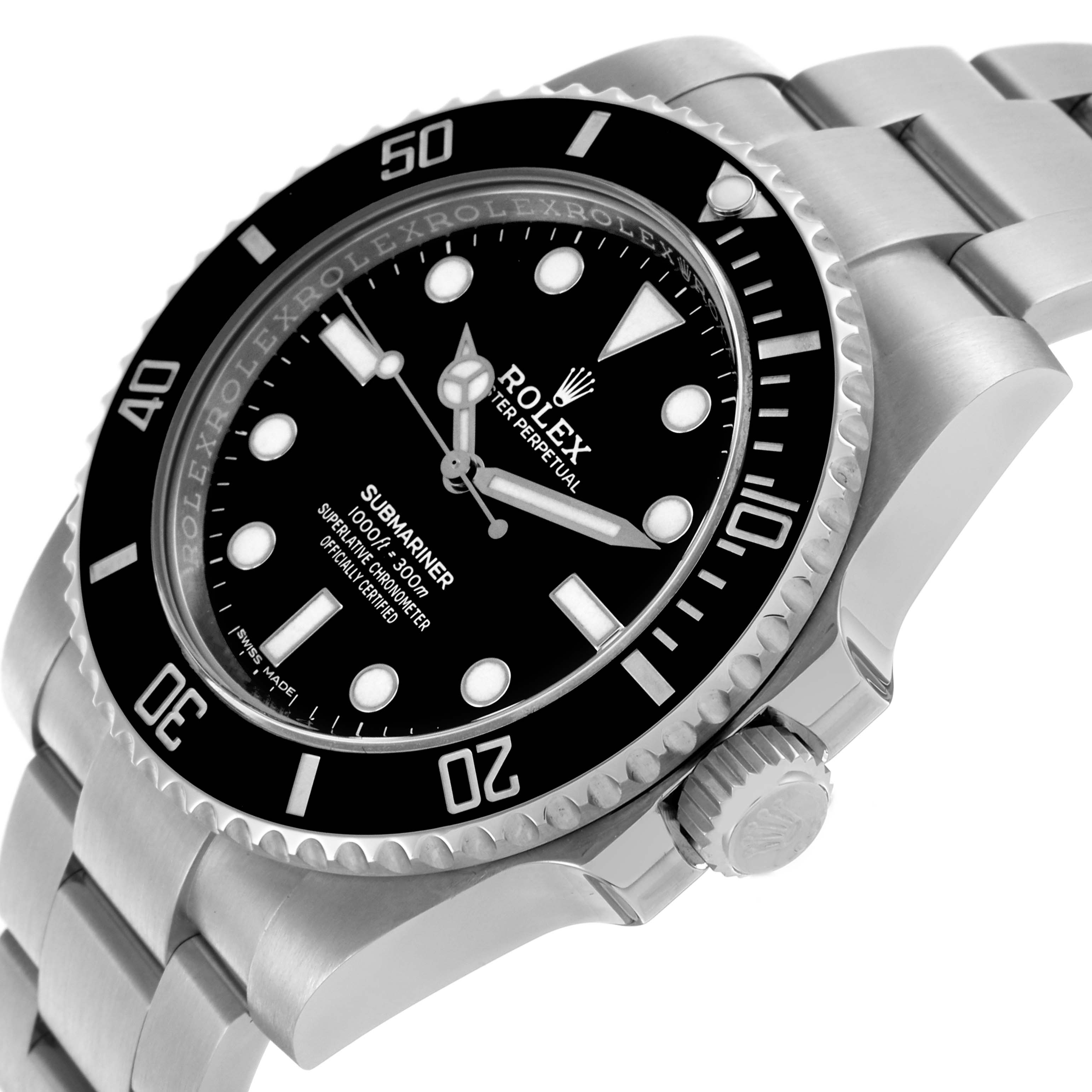 The image shows a side angle of the Rolex Submariner 114060 Men's Stainless Steel Black Dial 114060 Men's Stainless Steel Black Dial, highlighting the bezel, dial, and part of the bracelet.