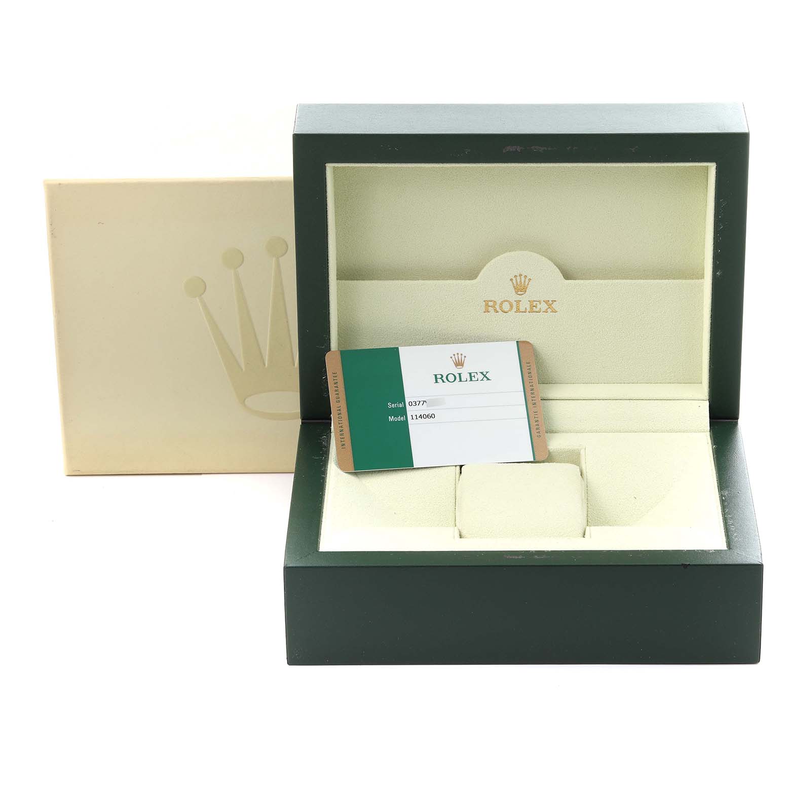 The image shows the open box and warranty card for a Rolex Submariner 114060 Men's Stainless Steel Black Dial 114060 Men's Stainless Steel Black Dial watch, with a beige and green color scheme.