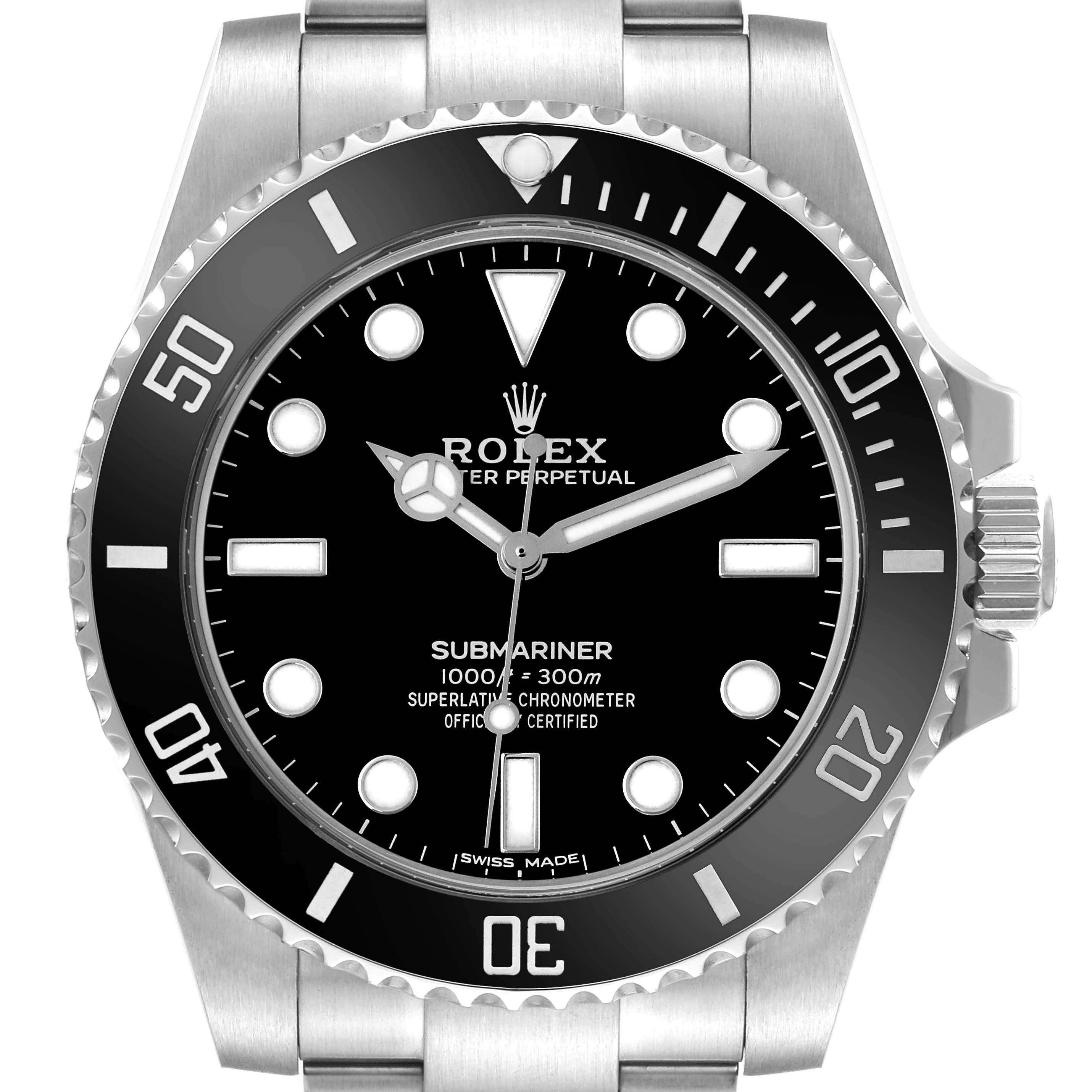 The image shows a front view of the Rolex Submariner 114060 Men's Stainless Steel Black Dial 114060 Men's Stainless Steel Black Dial, highlighting the dial, bezel, and a portion of the bracelet.