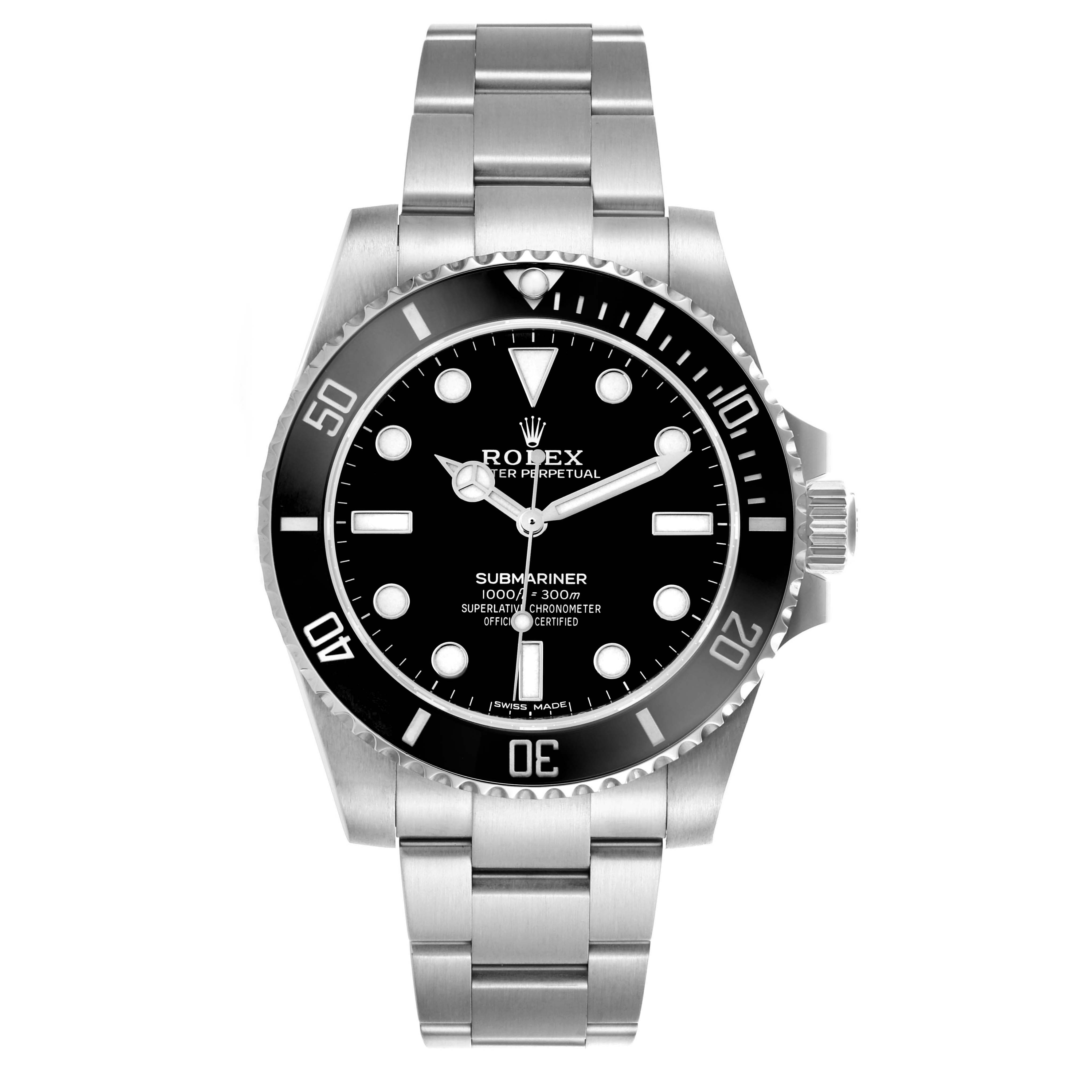 The Rolex Submariner 114060 Men's Stainless Steel Black Dial 114060 Men's Stainless Steel Black Dial watch is shown from the front, displaying the dial, case, bezel, and bracelet.