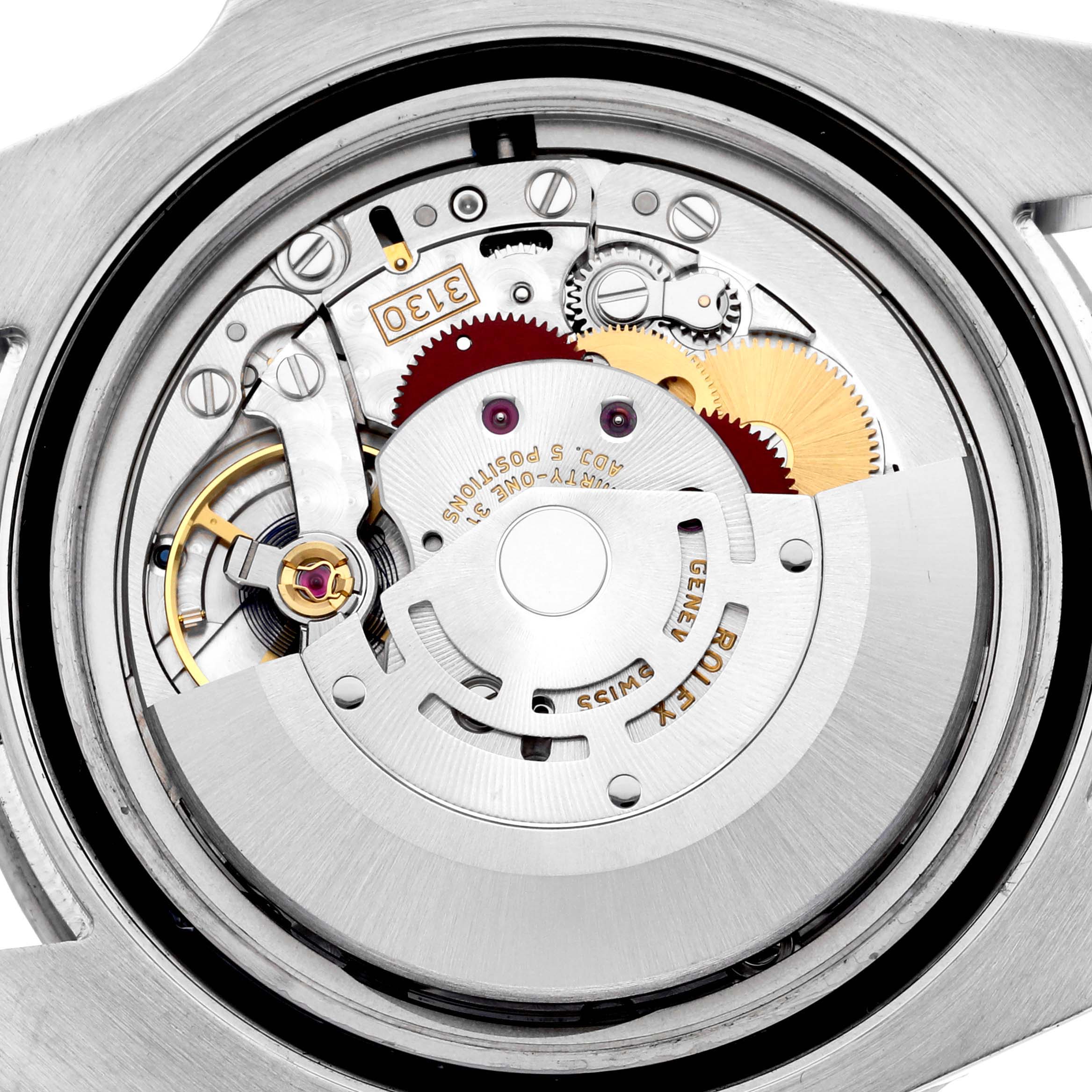 The image shows the movement mechanism of a Rolex Submariner 114060 Men's Stainless Steel Black Dial 114060 Men's Stainless Steel Black Dial watch from the back, highlighting its intricate gears and rotor.