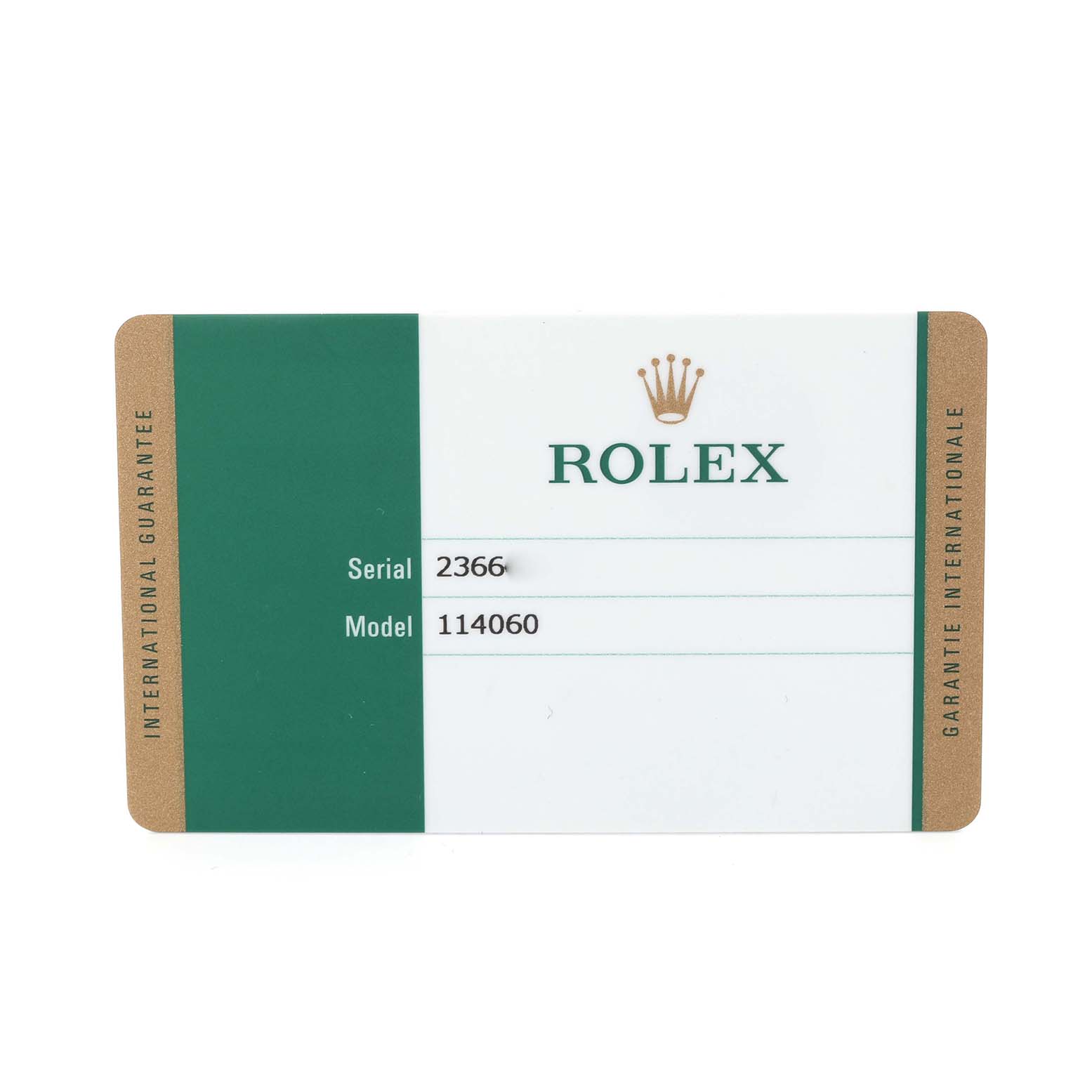 This image shows an international guarantee card for the Rolex Submariner 114060 Men's Stainless Steel Black Dial 114060 Men's Stainless Steel Black Dial model 114060, with serial number details.