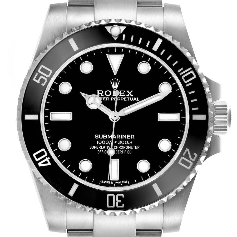 The image shows a front view of the Rolex Submariner, highlighting the dial, bezel, and part of the bracelet.