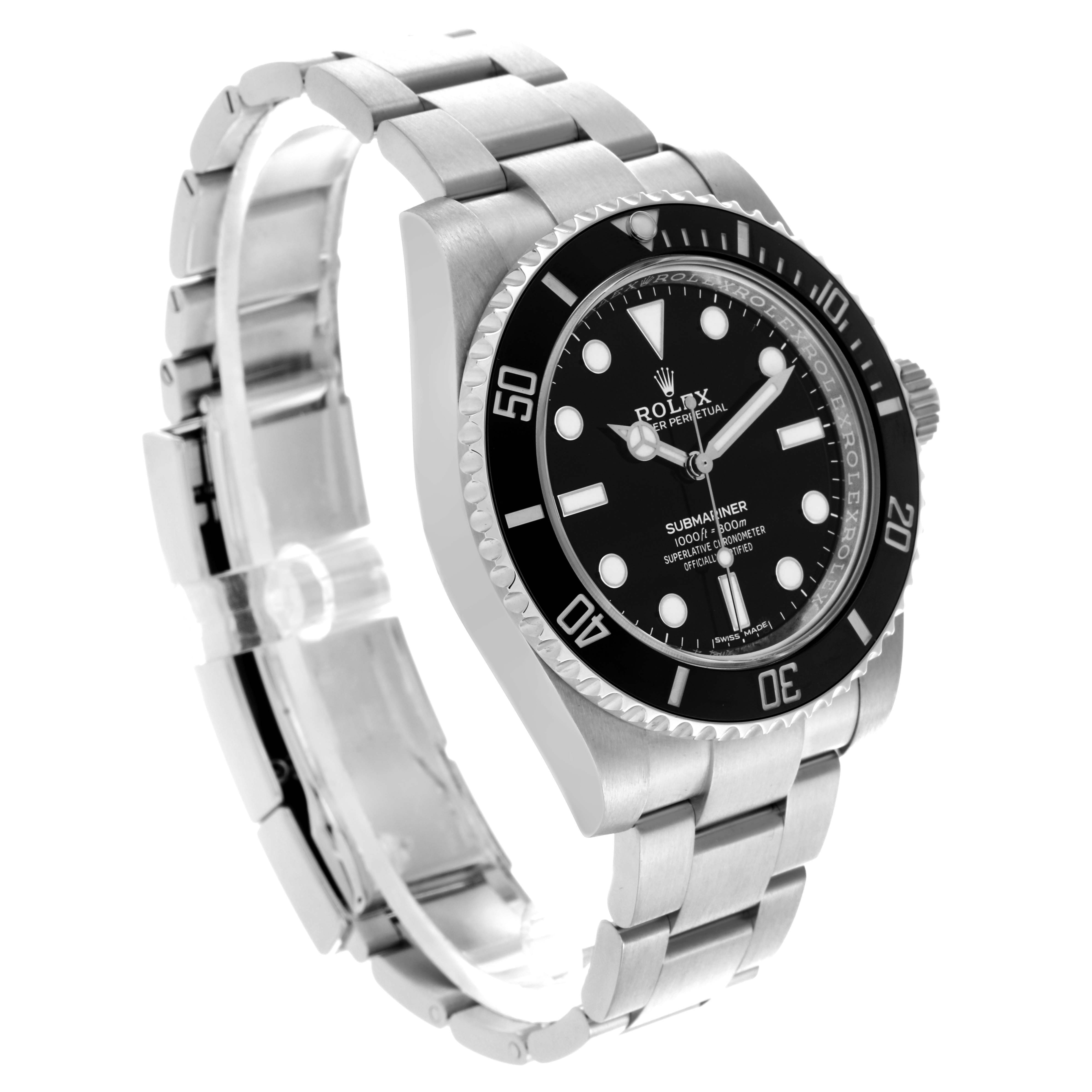 The Rolex Submariner 114060 Men's Stainless Steel Black Dial 114060 Men's Stainless Steel Black Dial watch is shown at a three-quarter angle, displaying the face, bezel, crown, and bracelet.